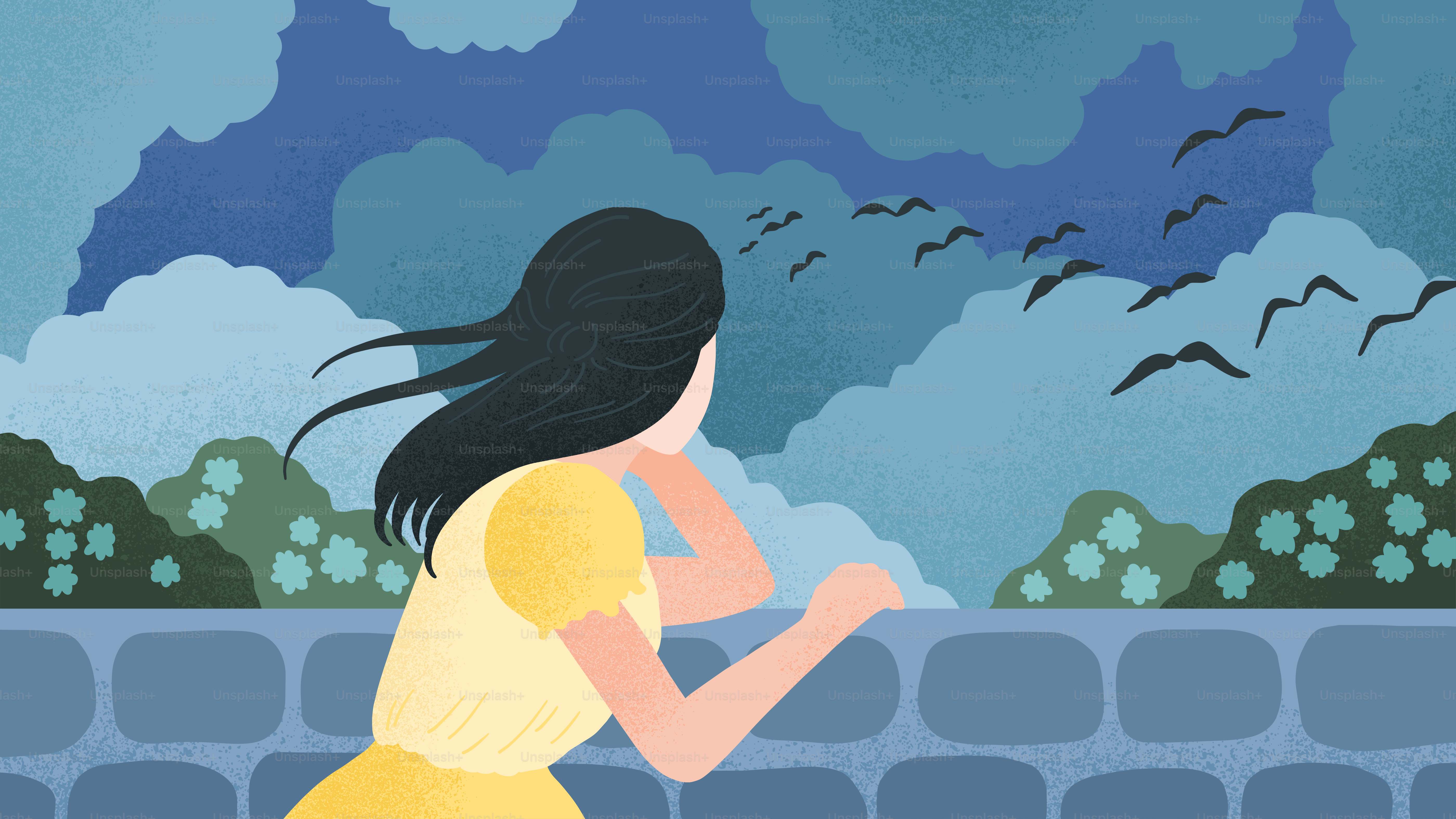 A person in a yellow dress leaning on a stone wall watching birds