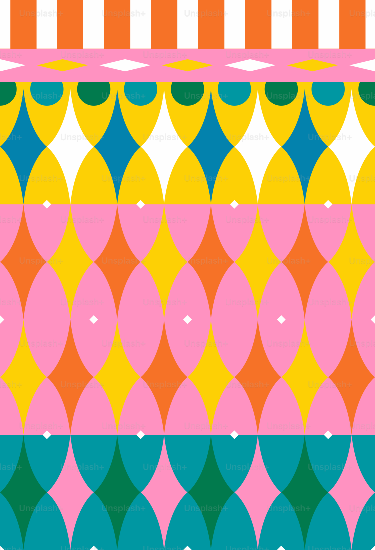 Un motivo geometrico ripetuto di ovali colorati e diamanti in rosa, giallo, arancione e turchese