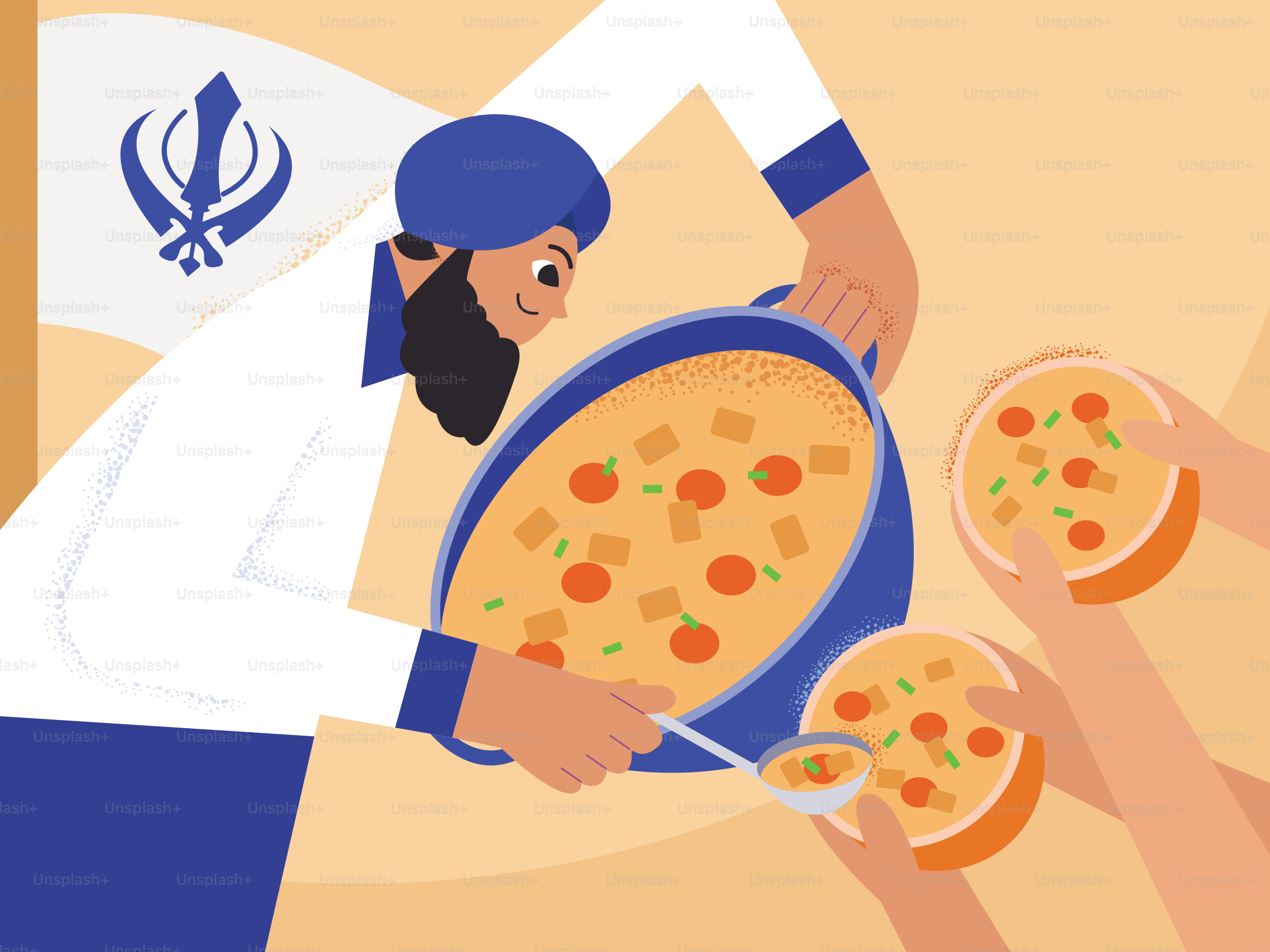 Uma pessoa de turbante servindo comida de uma panela grande em tigelas
