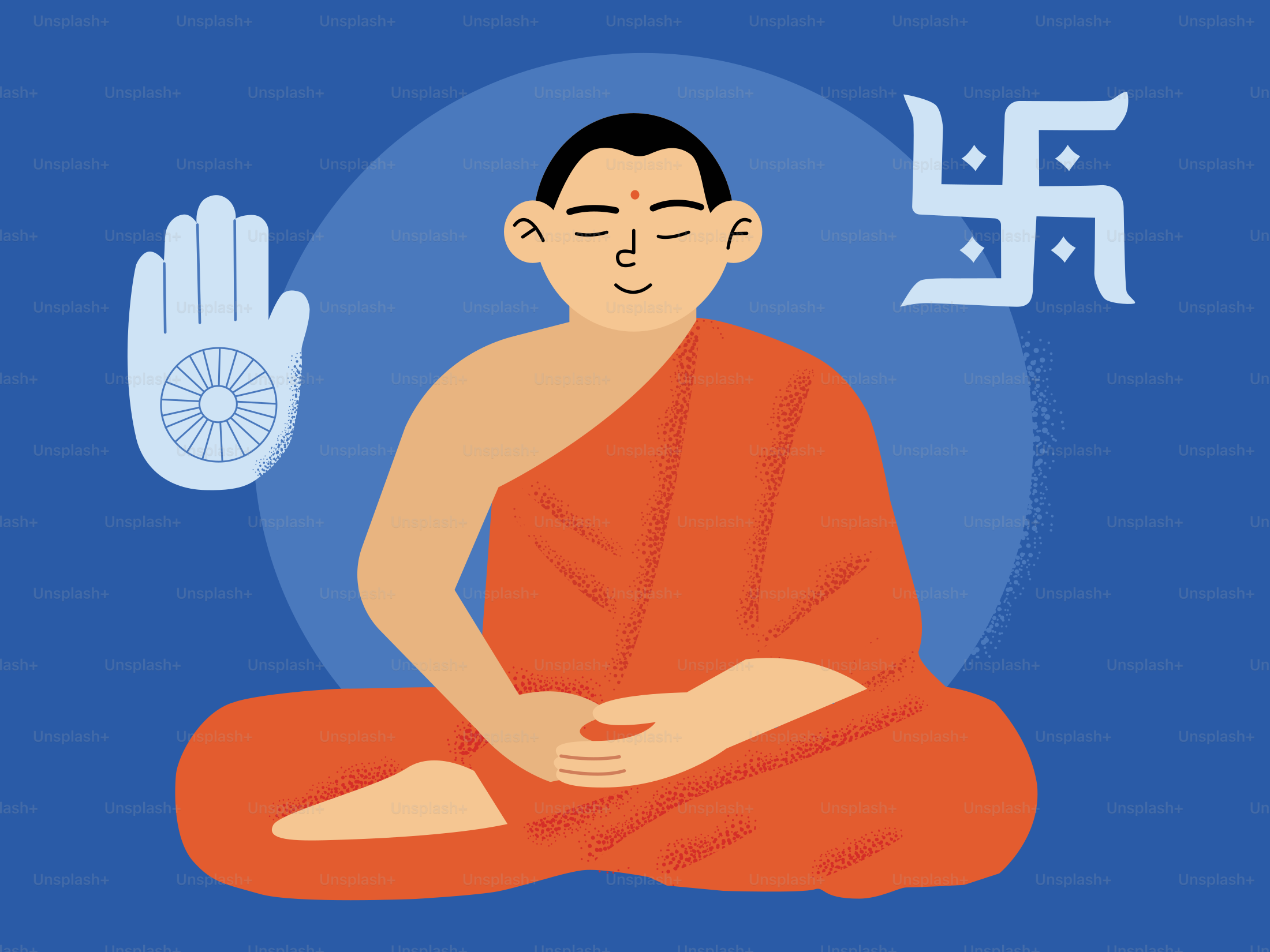 Uma pessoa de túnicas laranja meditando com um símbolo de mão e um ícone de suástica