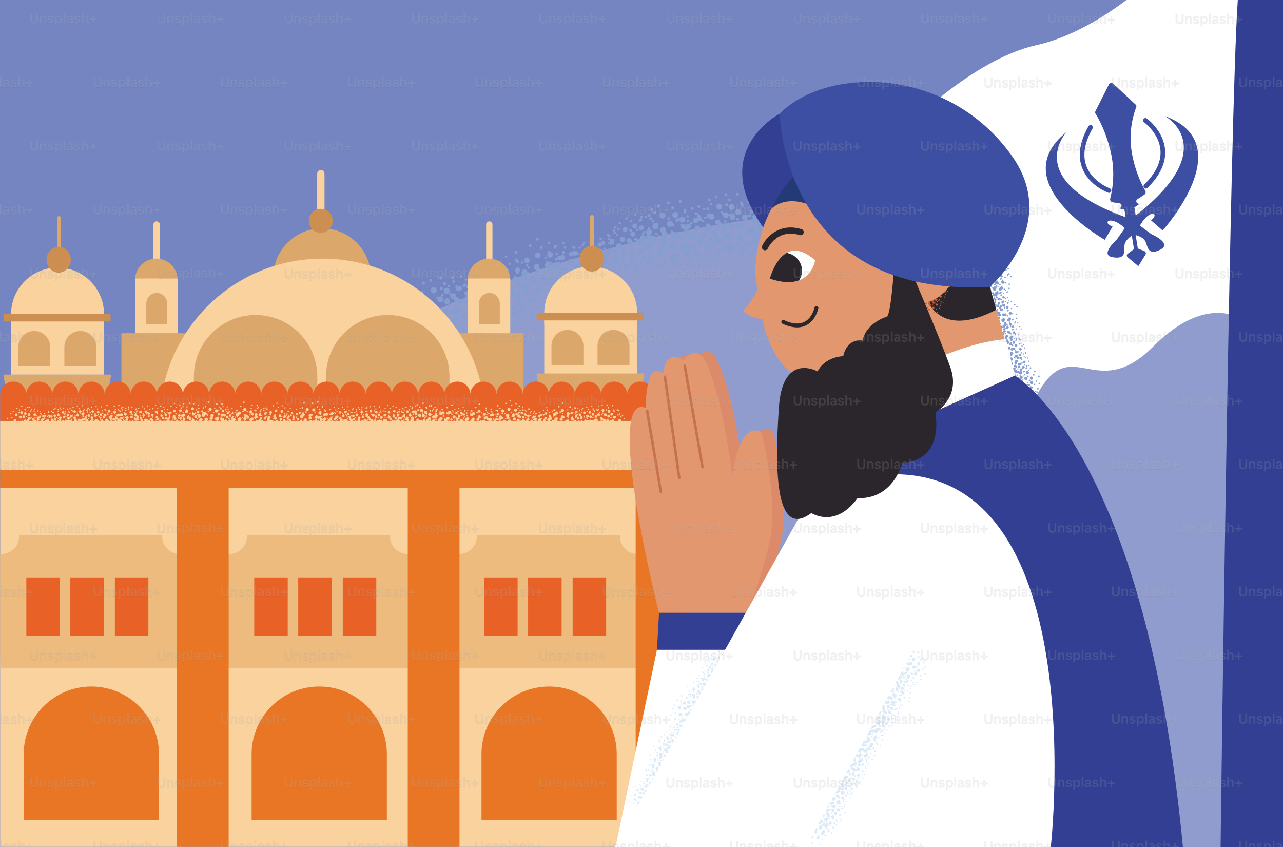Uma pessoa com barba e turbante azul rezando diante de um templo dourado