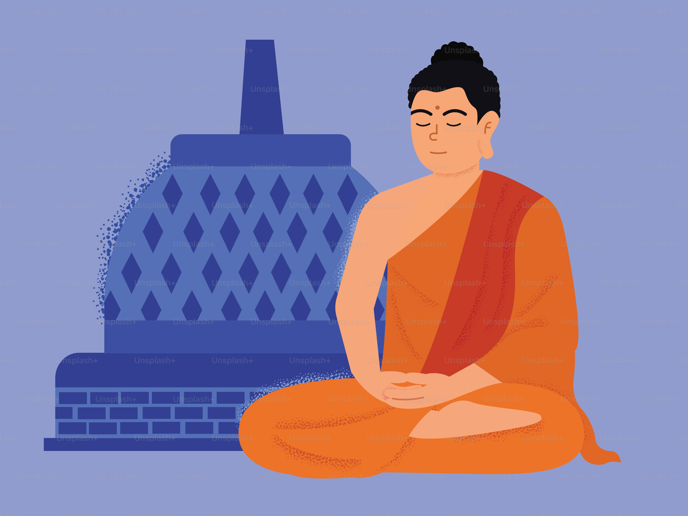 Uma pessoa de vestes laranja meditando em frente a uma estupa azul de Borobudur