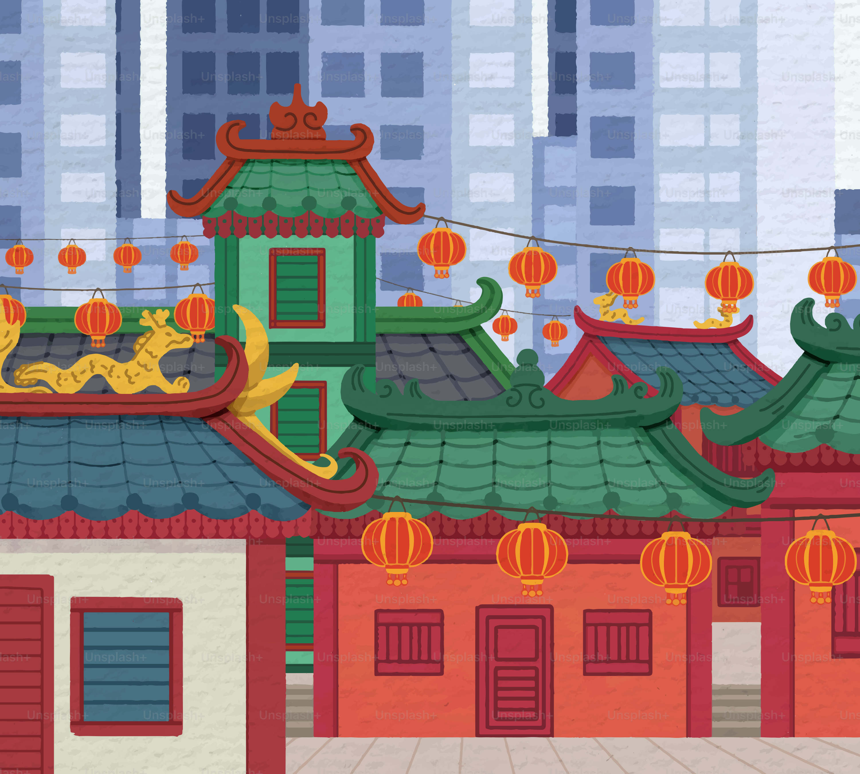 Traditionelle chinesische Gebäude mit gebogenen Ziegeldächern und roten Laternen vor Stadtwolkenkratzern