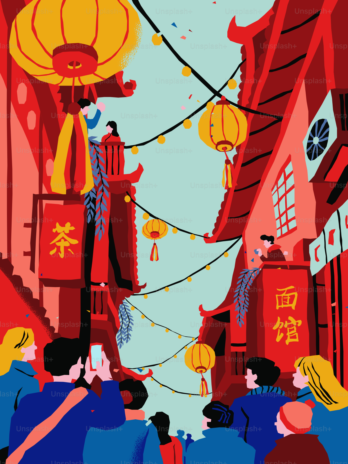 Una multitud de personas en Chinatown mirando hacia edificios rojos y linternas amarillas