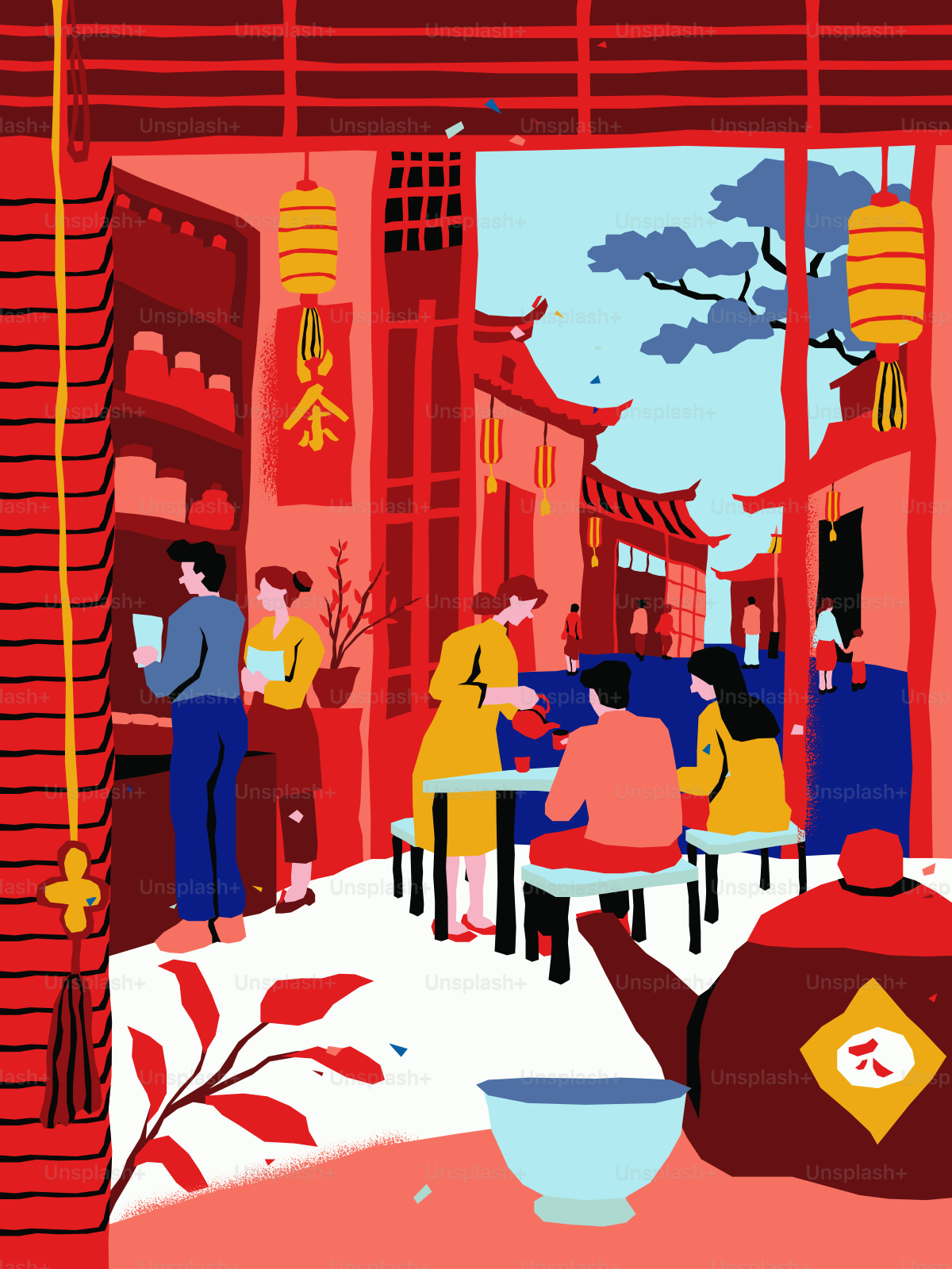 Gente cenando en un vibrante restaurante rojo de Chinatown con faroles colgantes y té