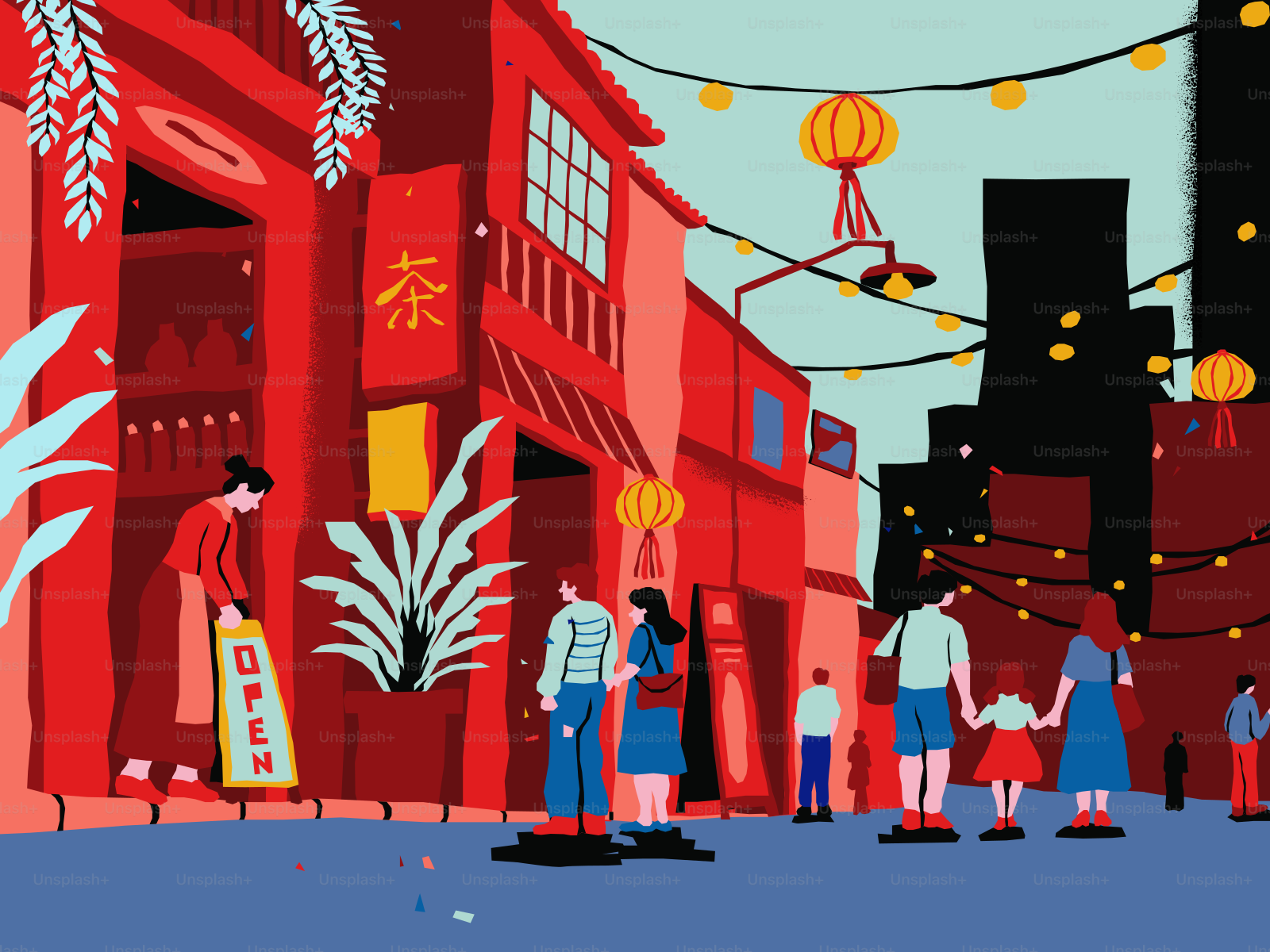 Gente caminando por una calle de Chinatown con edificios rojos y faroles de papel colgantes