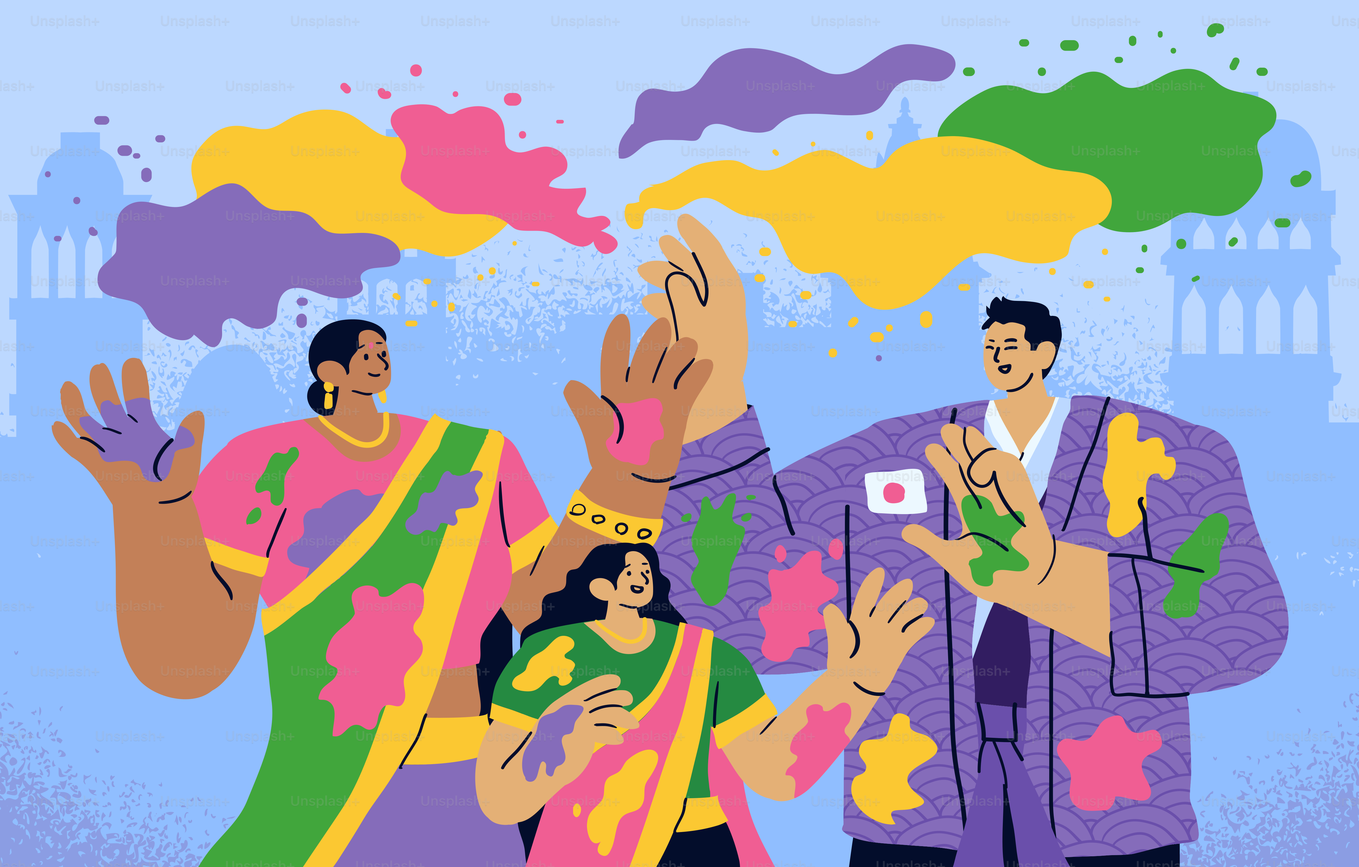 A family surrounded by colorful paint splashes against a blue silhouette of buildings