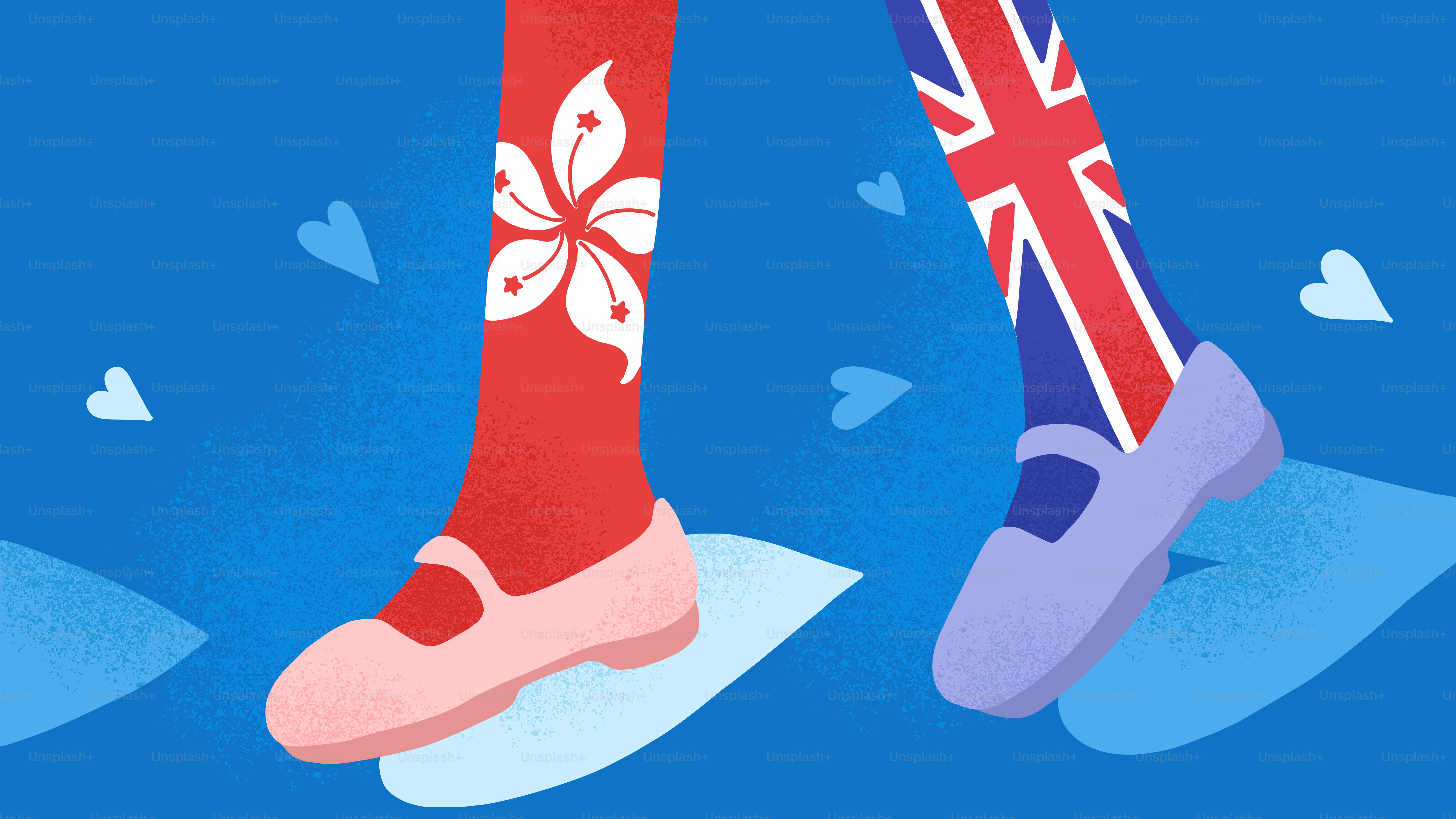 Two legs in patterned stockings walking against a blue background with hearts
