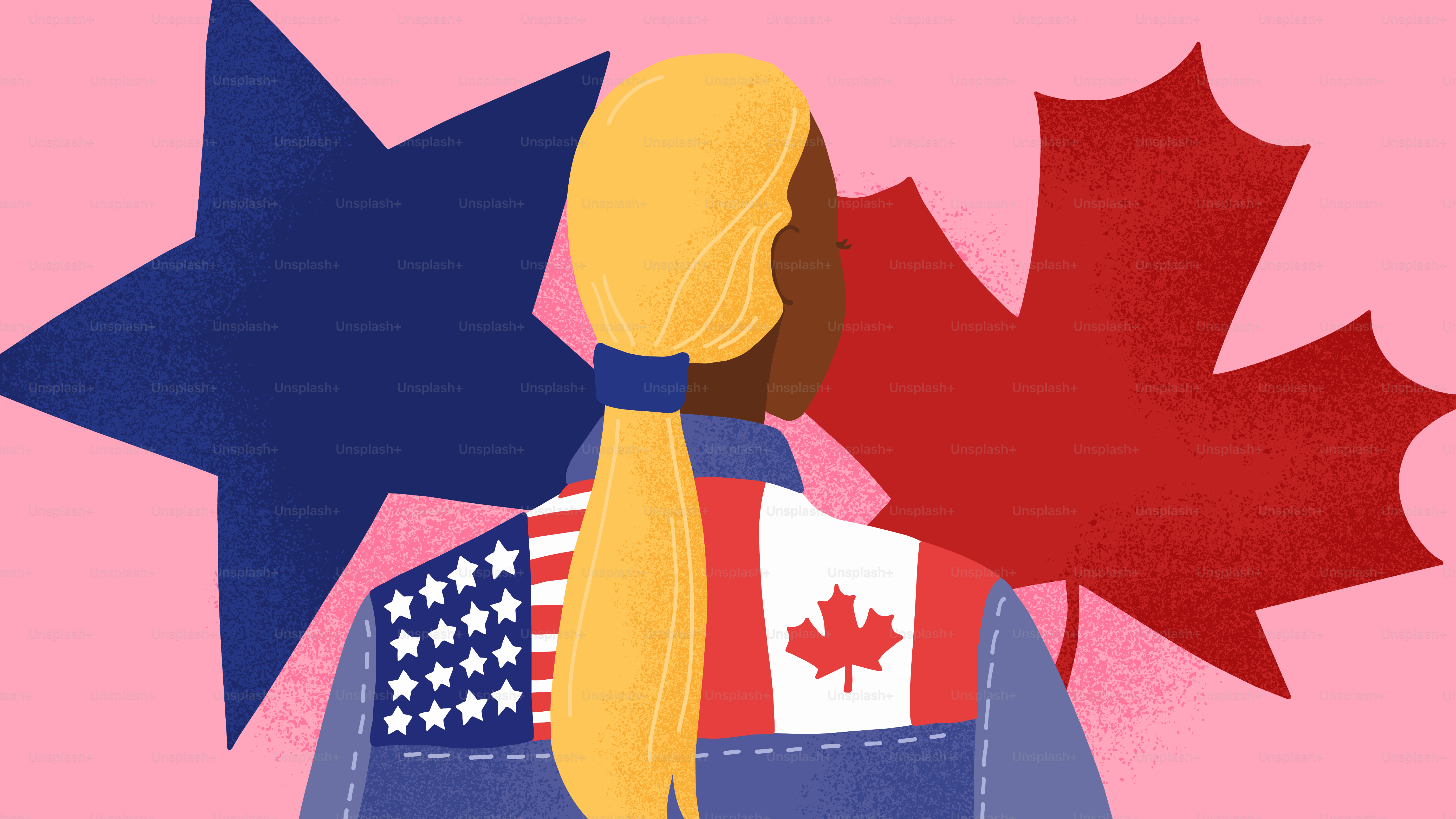 Une personne aux cheveux blonds portant une veste ornée de motifs de drapeaux américain et canadien