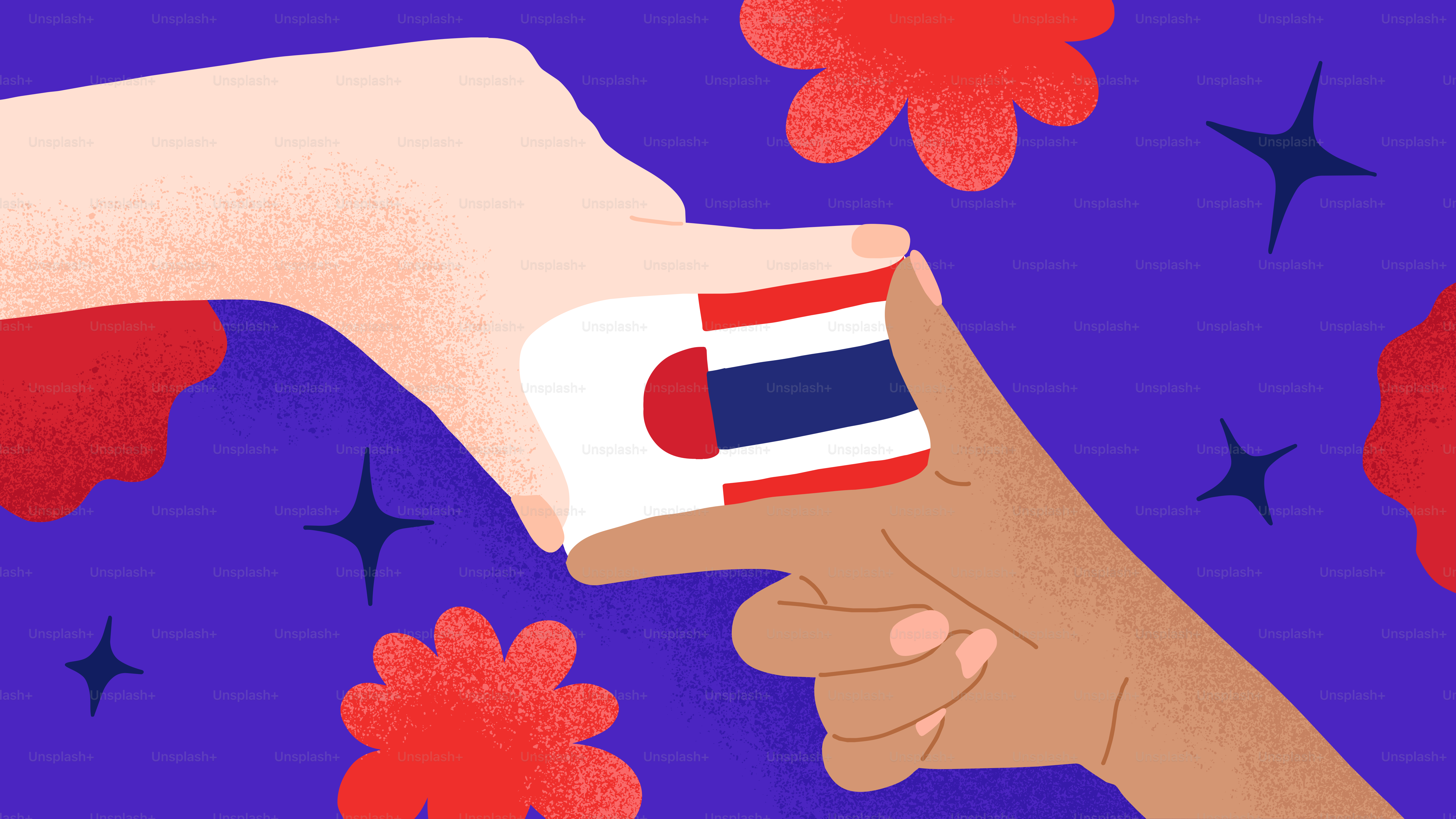 Duas mãos segurando uma pequena carta retangular com a bandeira da Tailândia
