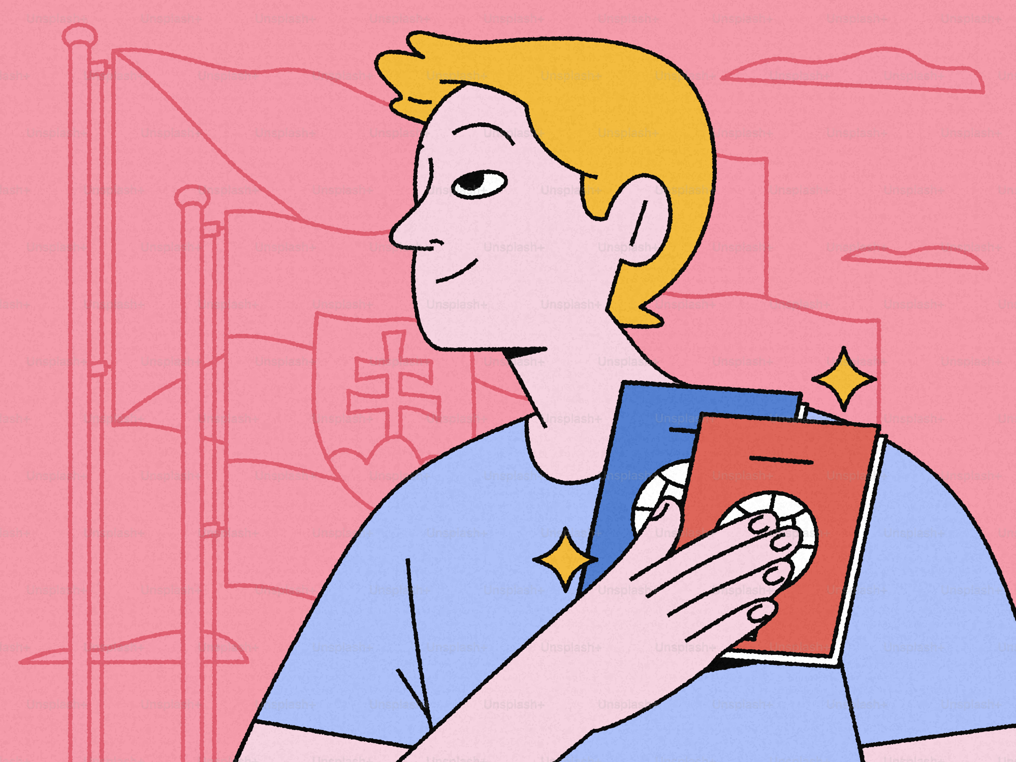 A person with blonde hair holding two passports against a pink background