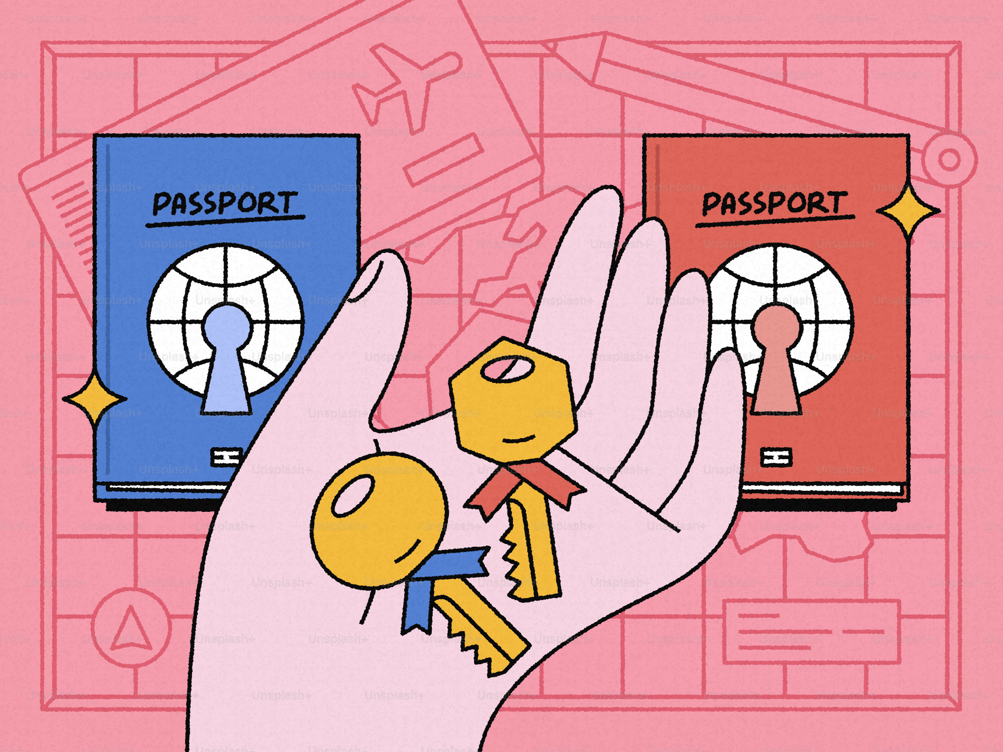 A hand holding two keys in front of a blue and red passport