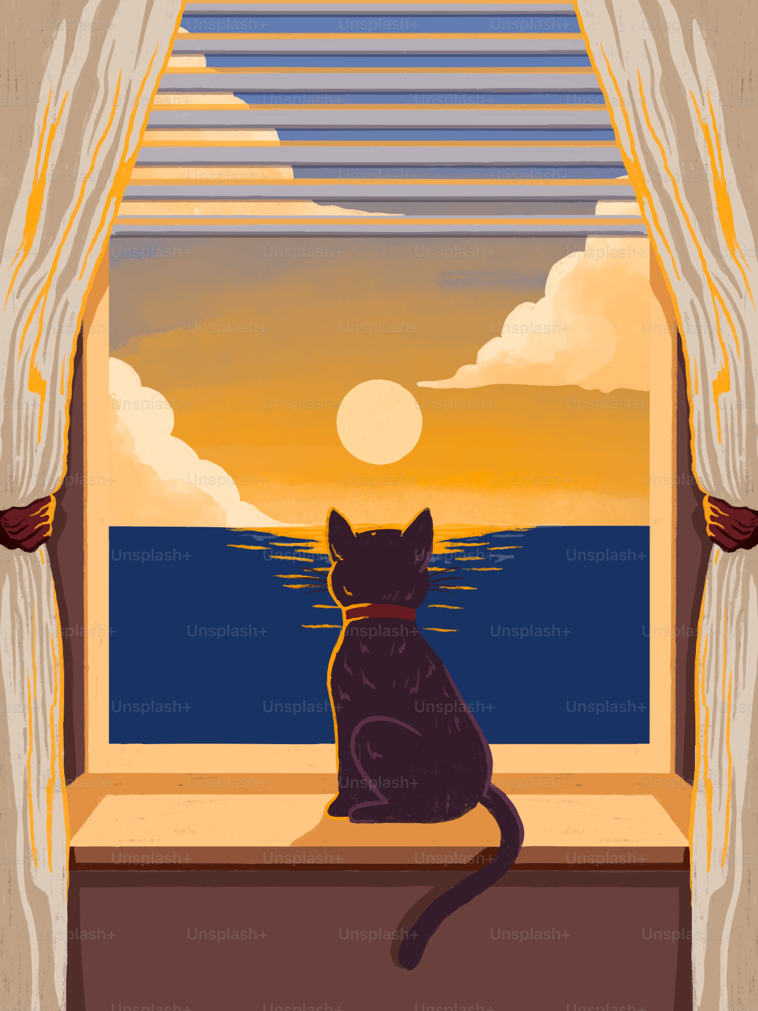 Un chat noir assis sur un rebord de fenêtre regardant l’océan à l’heure dorée