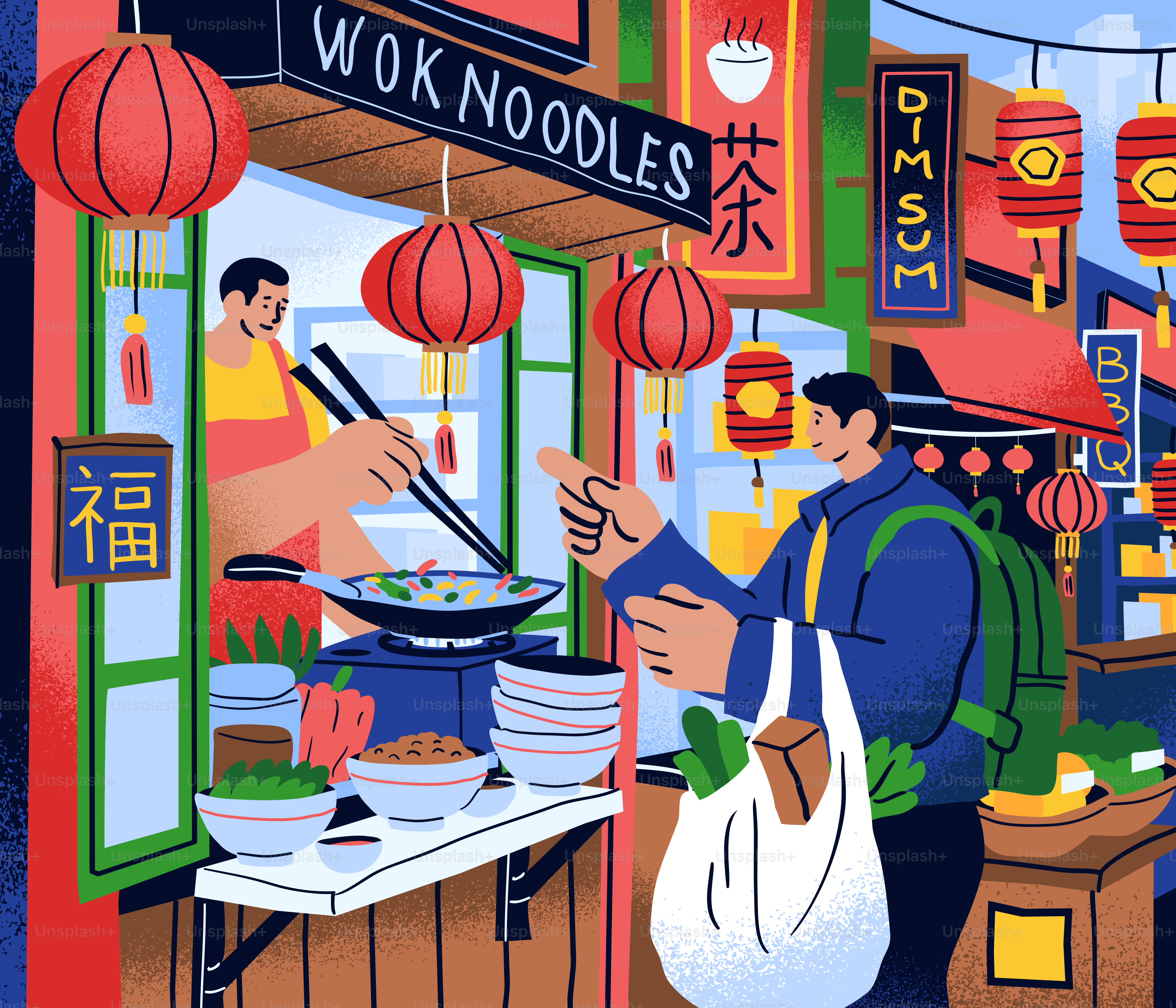 A person ordering food at a street stall with red lanterns in Chinatown