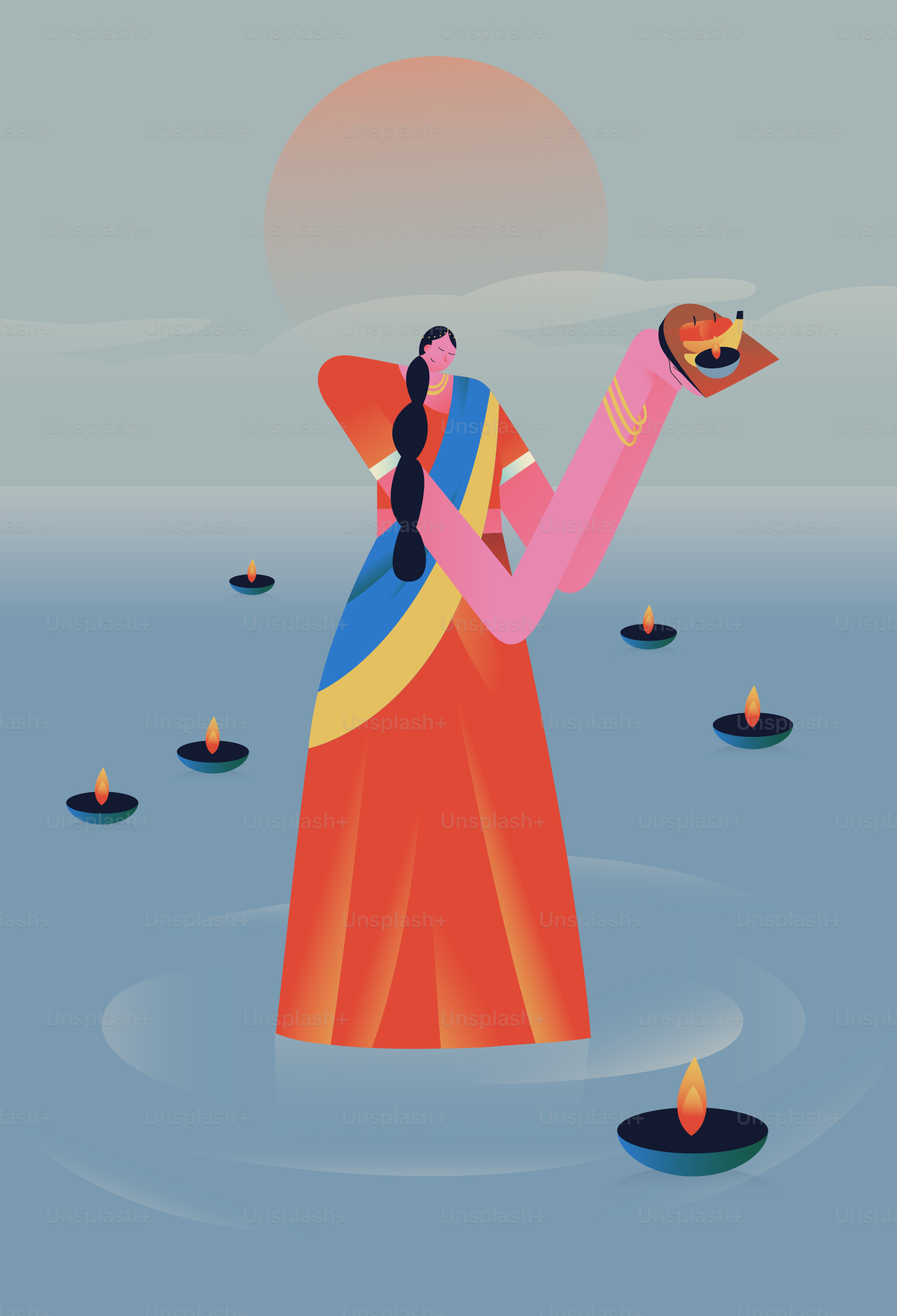 Una donna illustrata in un colorato sari che tiene un vassoio sopra lampade accese fluttuanti