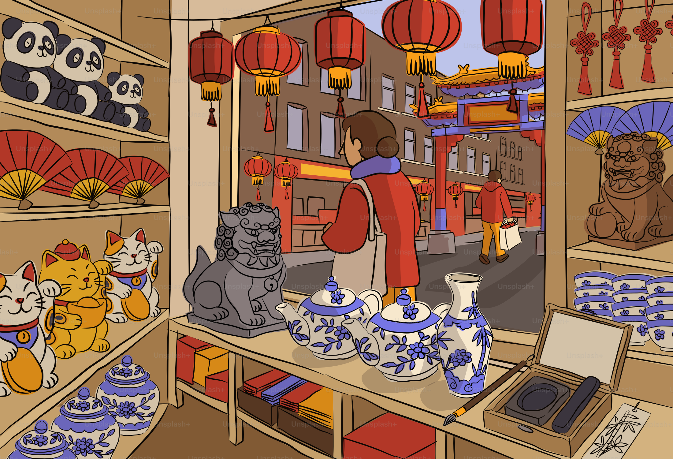 A person looking through a shop window at a street with red lanterns