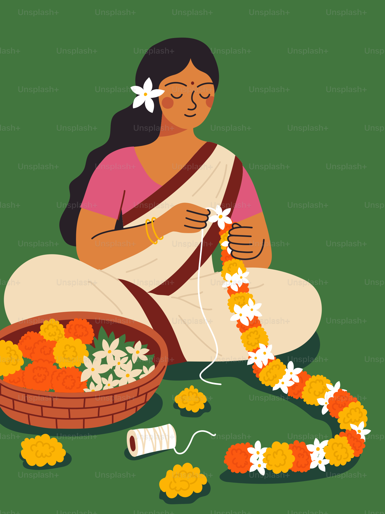 Una persona in sari che infila fiori arancioni e bianchi in una ghirlanda