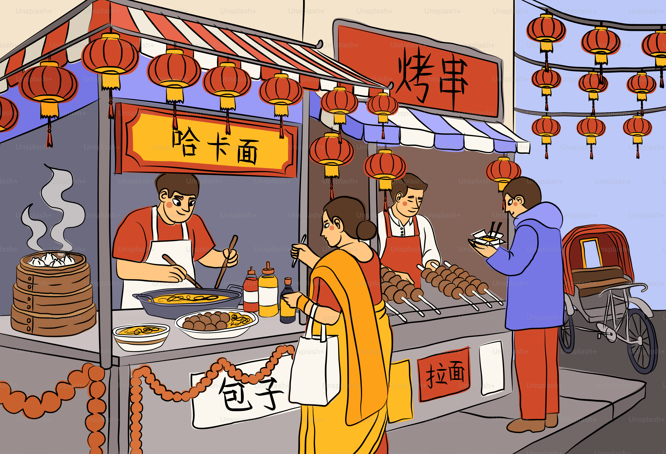 Street food stalls with vendors and customers under red lanterns in a city