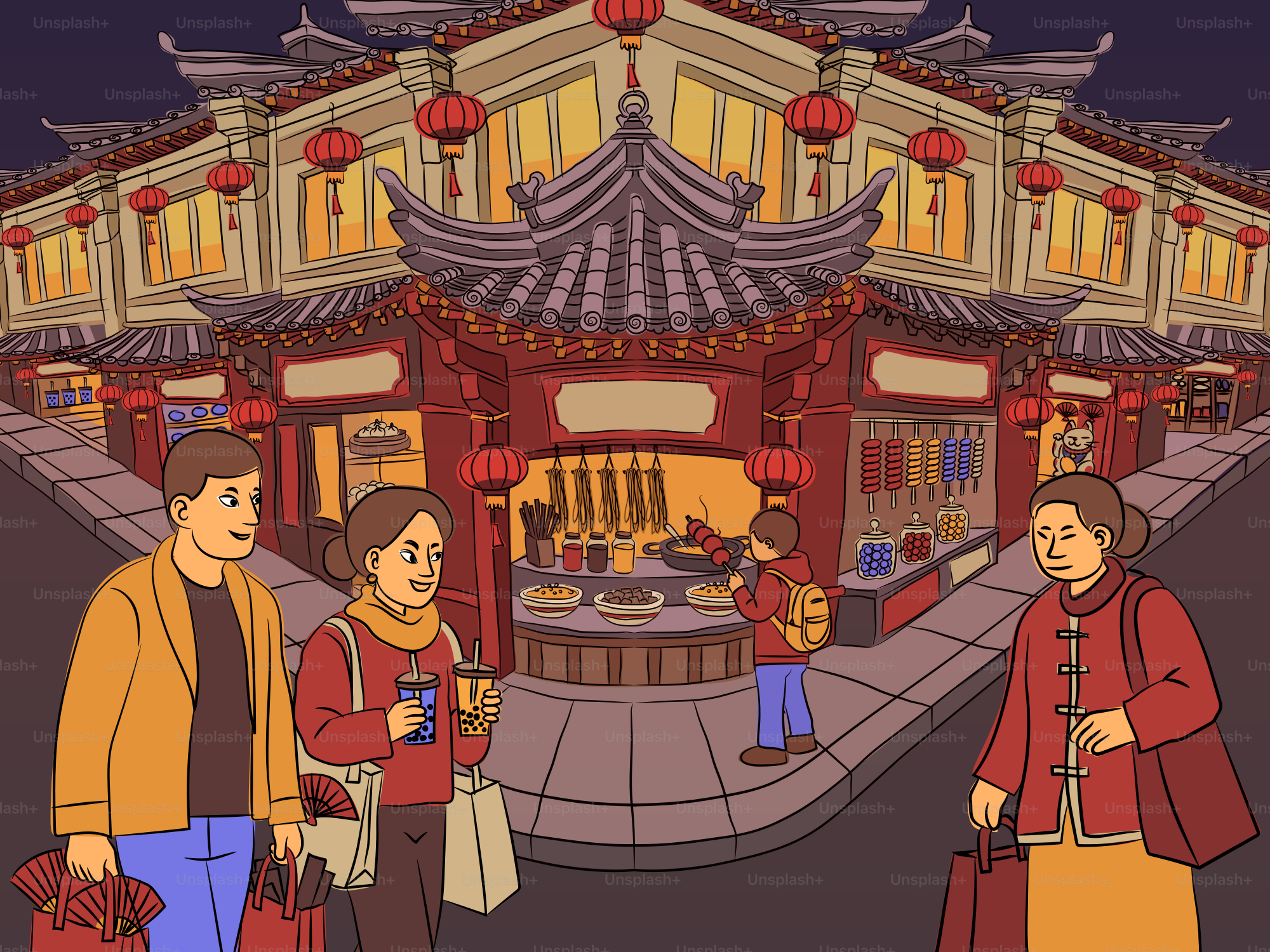 People walking past traditional Chinese shops with red lanterns at night