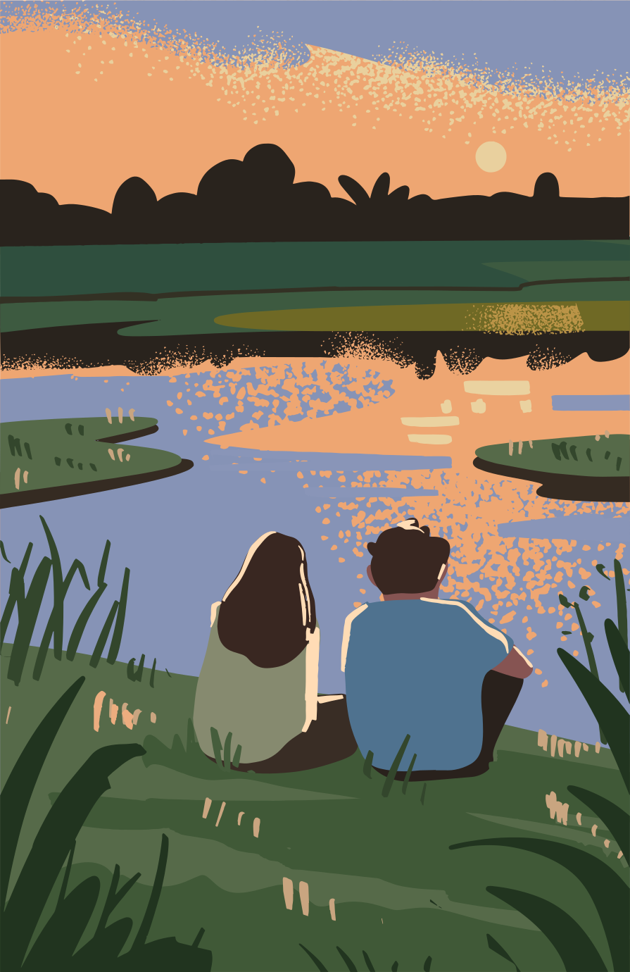 Dos personas sentadas en una orilla de hierba mirando un río bajo el sol