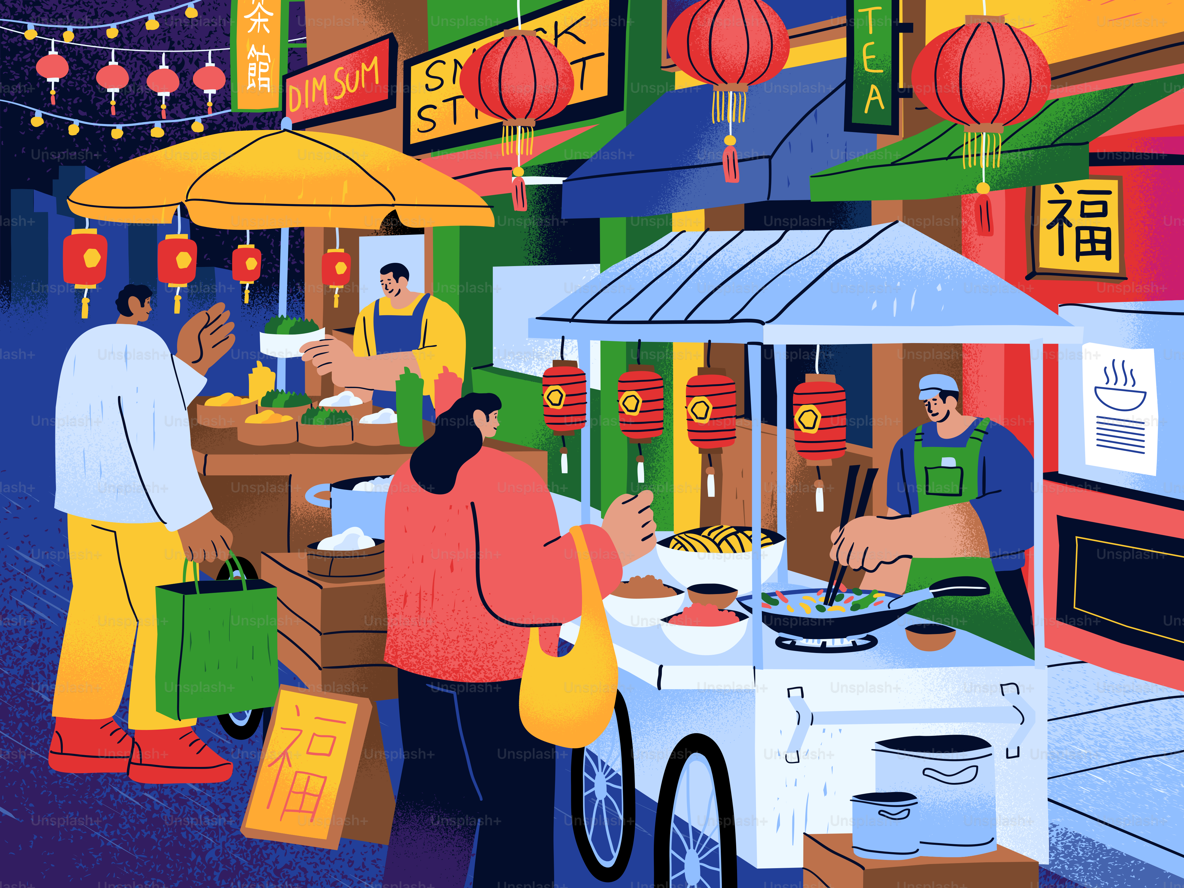 People buying food at stalls in a vibrant Chinatown street market