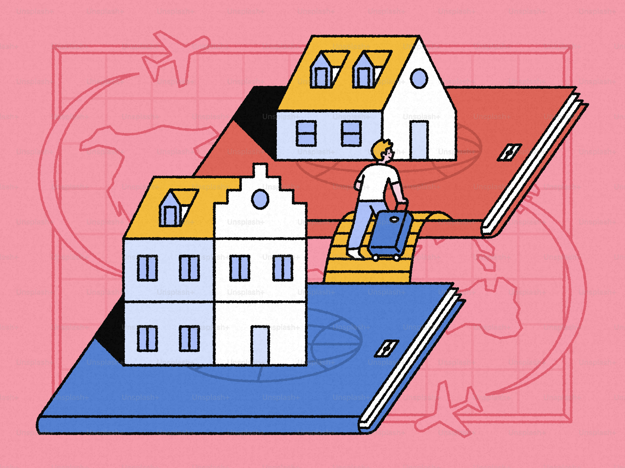 A person with a suitcase walking between two houses on open books