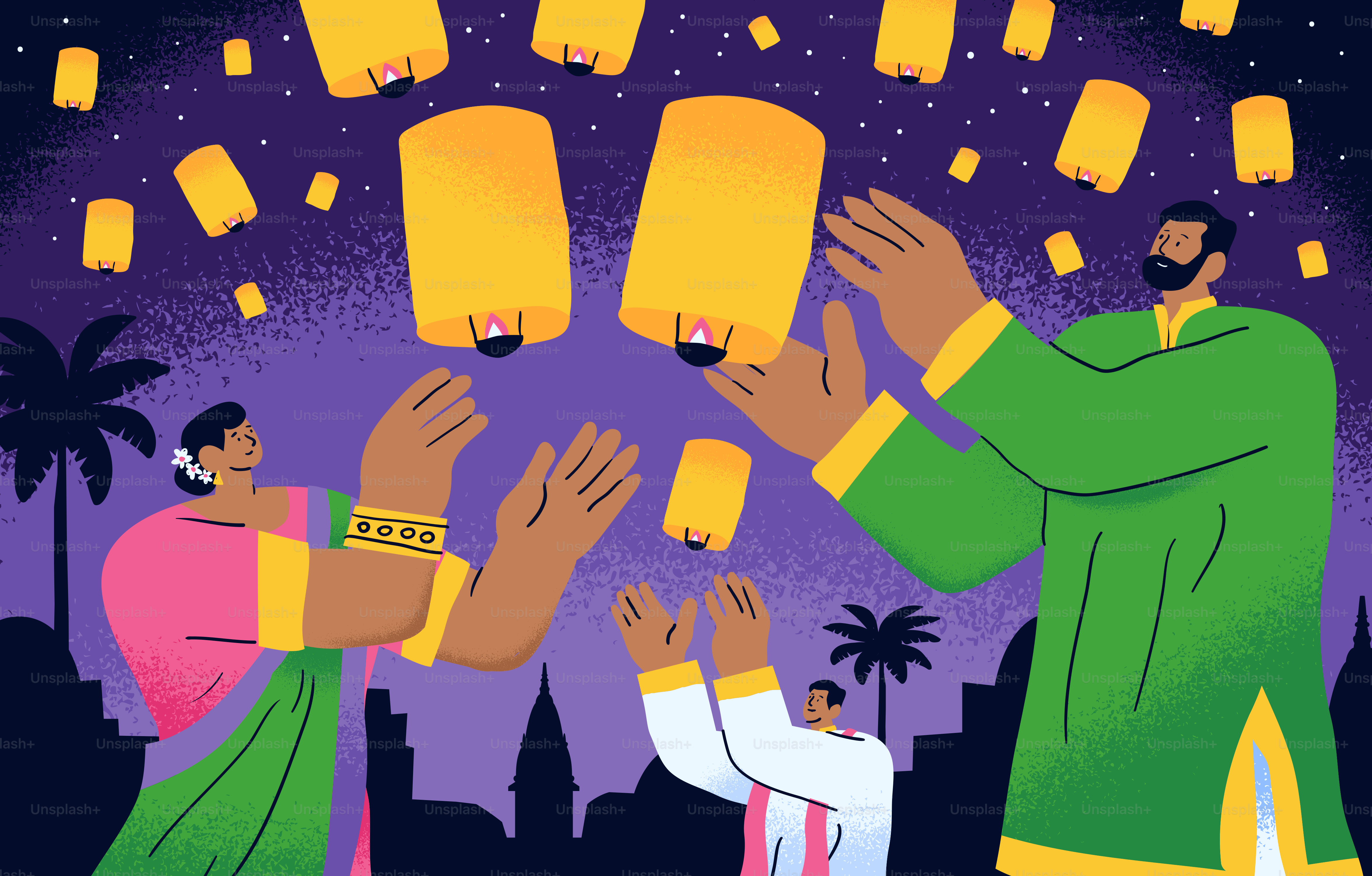 A woman and two men releasing glowing paper lanterns into a dark night sky