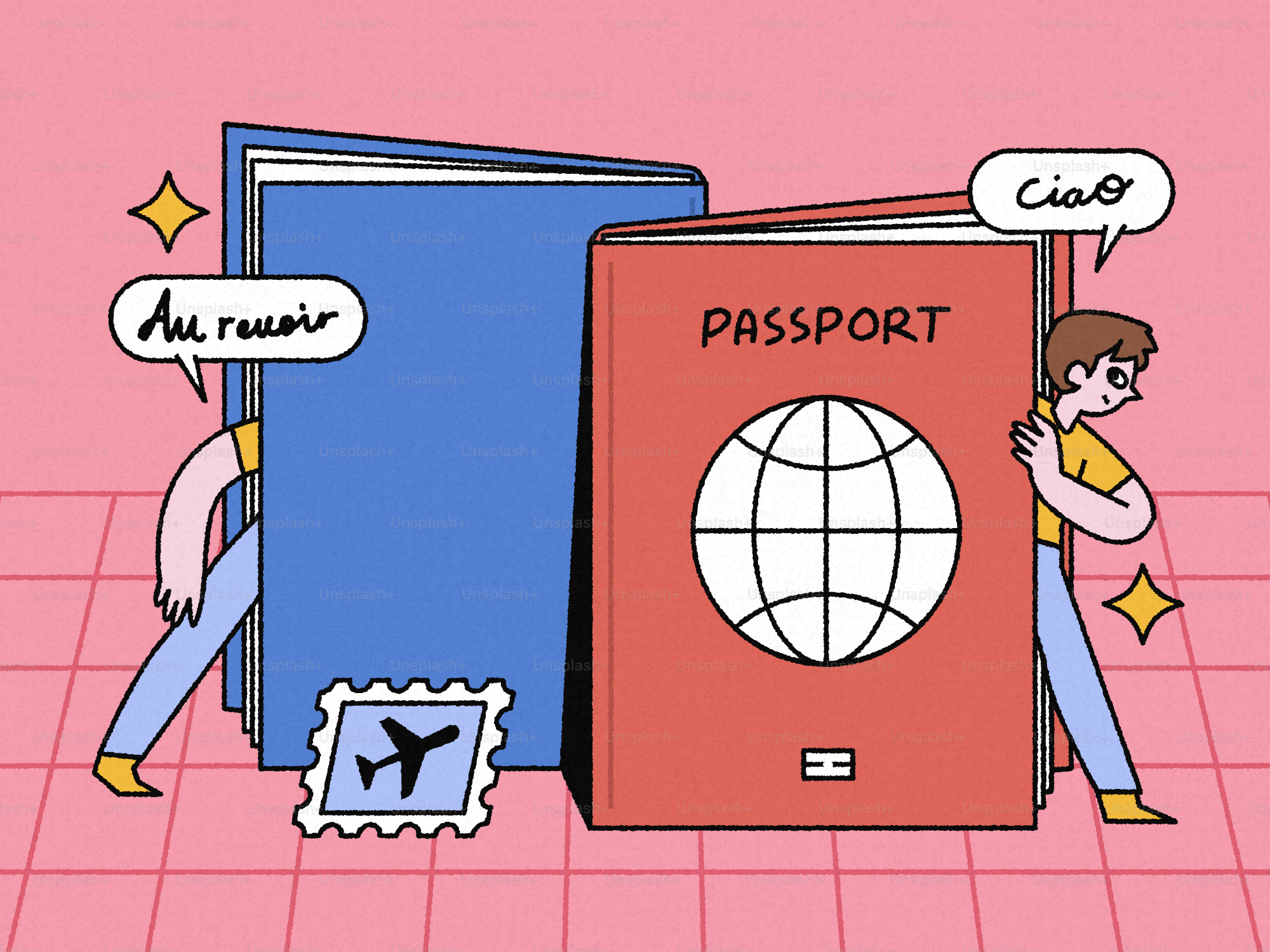 Two people beside a blue book and a red passport with a stamp