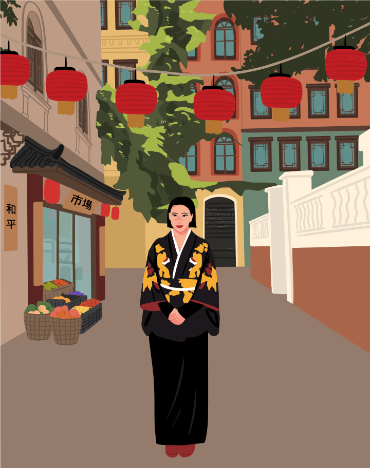 A woman in a black kimono standing on a street with red lanterns