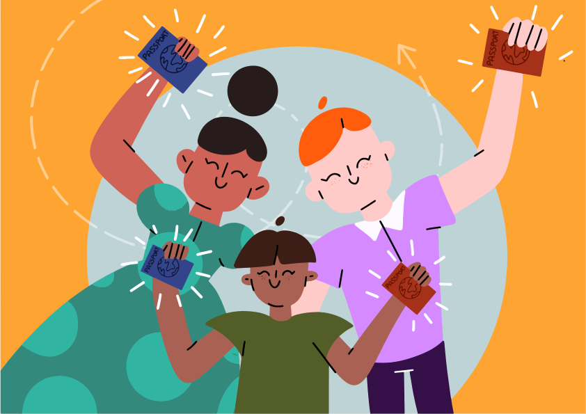 Uma família segurando passaportes em uma ilustração comemorativa sobre um fundo laranja