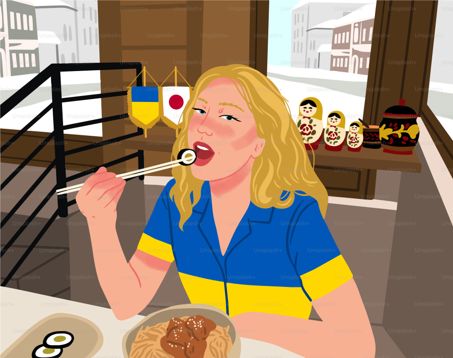 A woman in a blue and yellow shirt eating sushi with chopsticks
