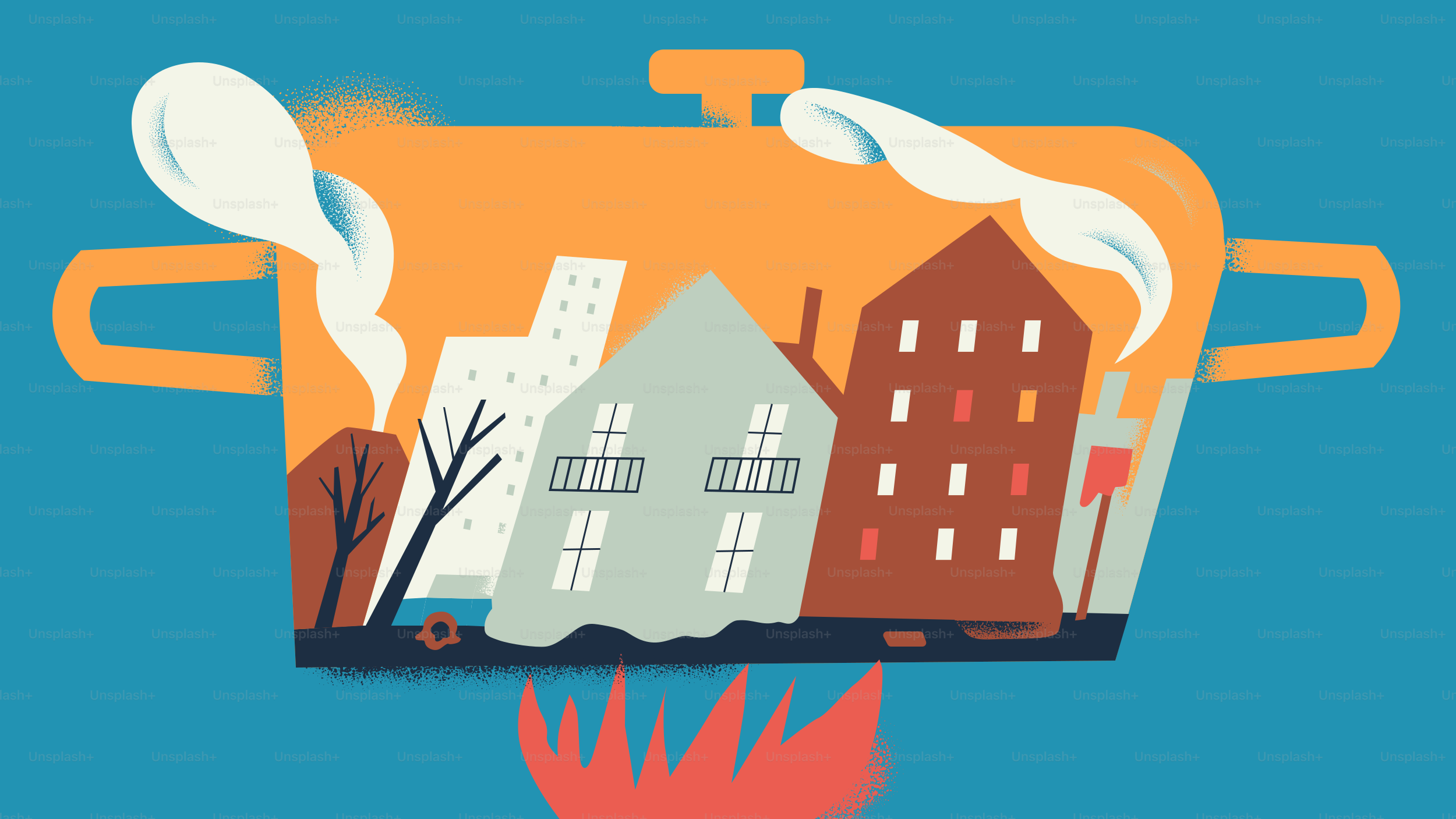 A stylized orange cooking pot containing buildings and trees over a red flame