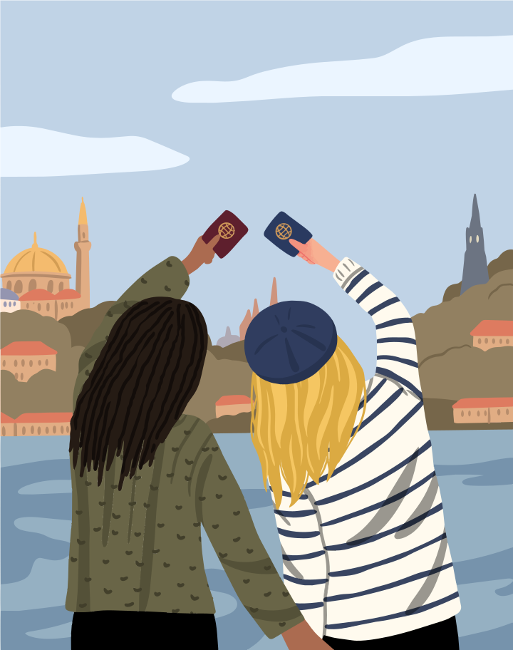 Two people holding up passports against a backdrop of a city skyline