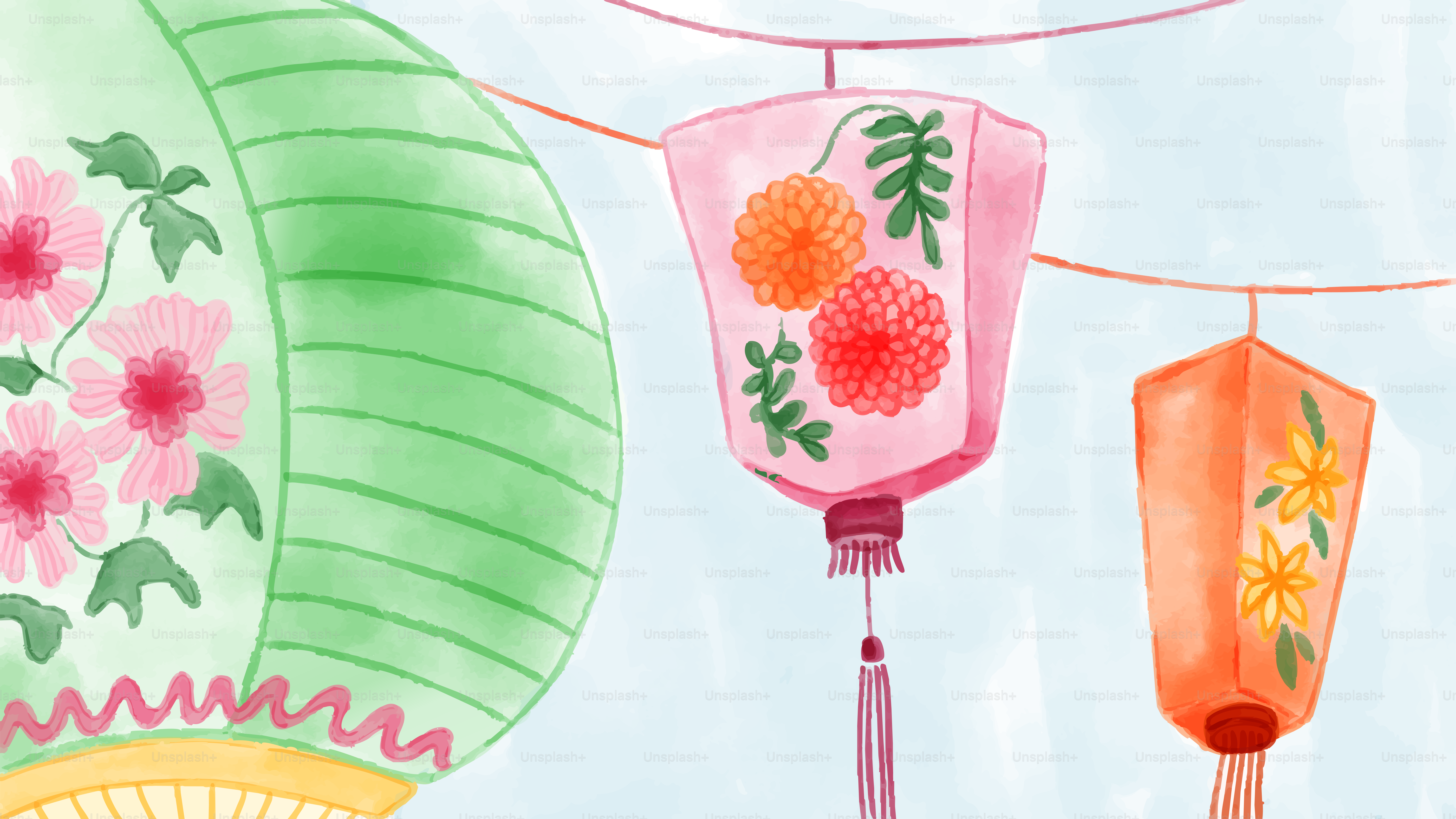 Colorful paper lanterns with floral patterns - Vector Illustration on ...