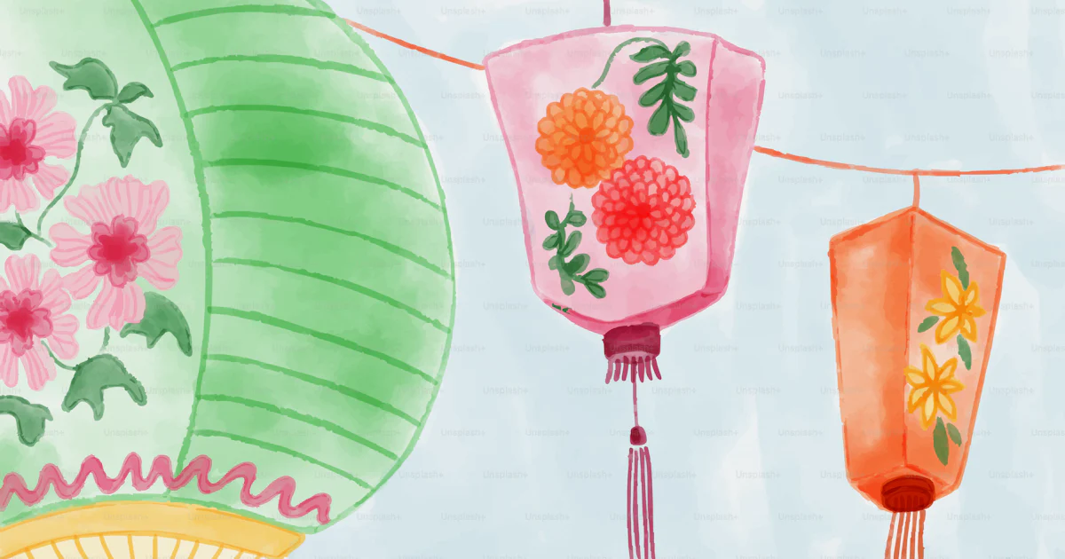 Colorful paper lanterns with floral patterns - Vector Illustration on ...