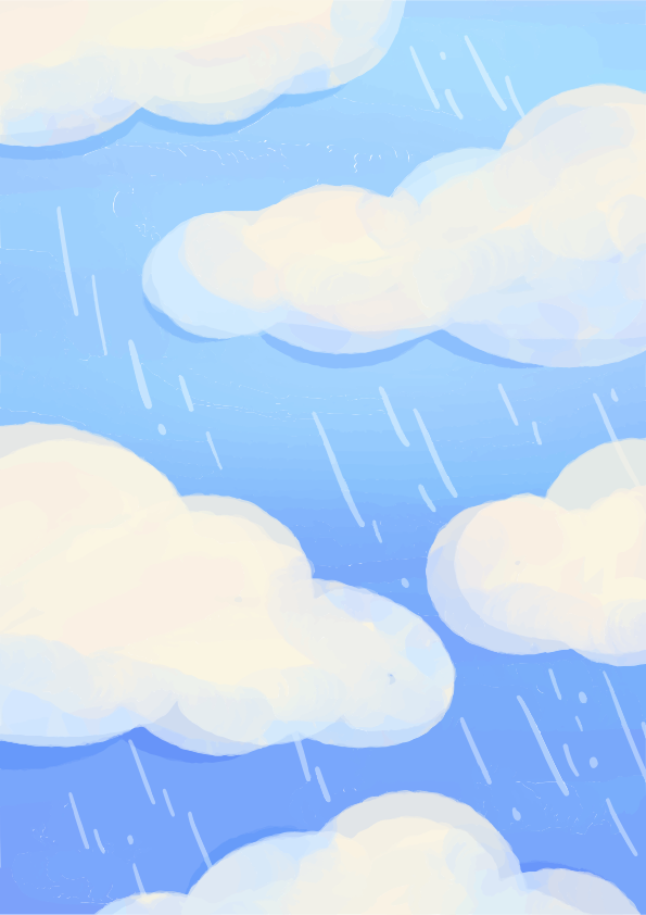 White fluffy clouds drifting across a bright blue sky with light rain streaks