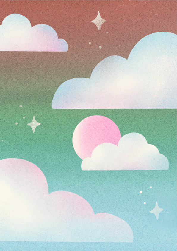 A textured sky with soft clouds, a pink sun, and scattered white stars