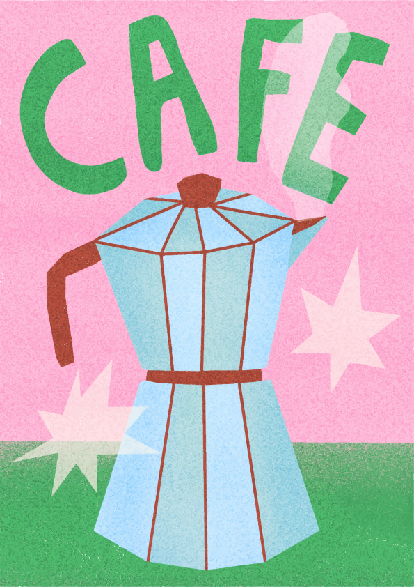 A blue moka pot with the word CAFE in green letters above it