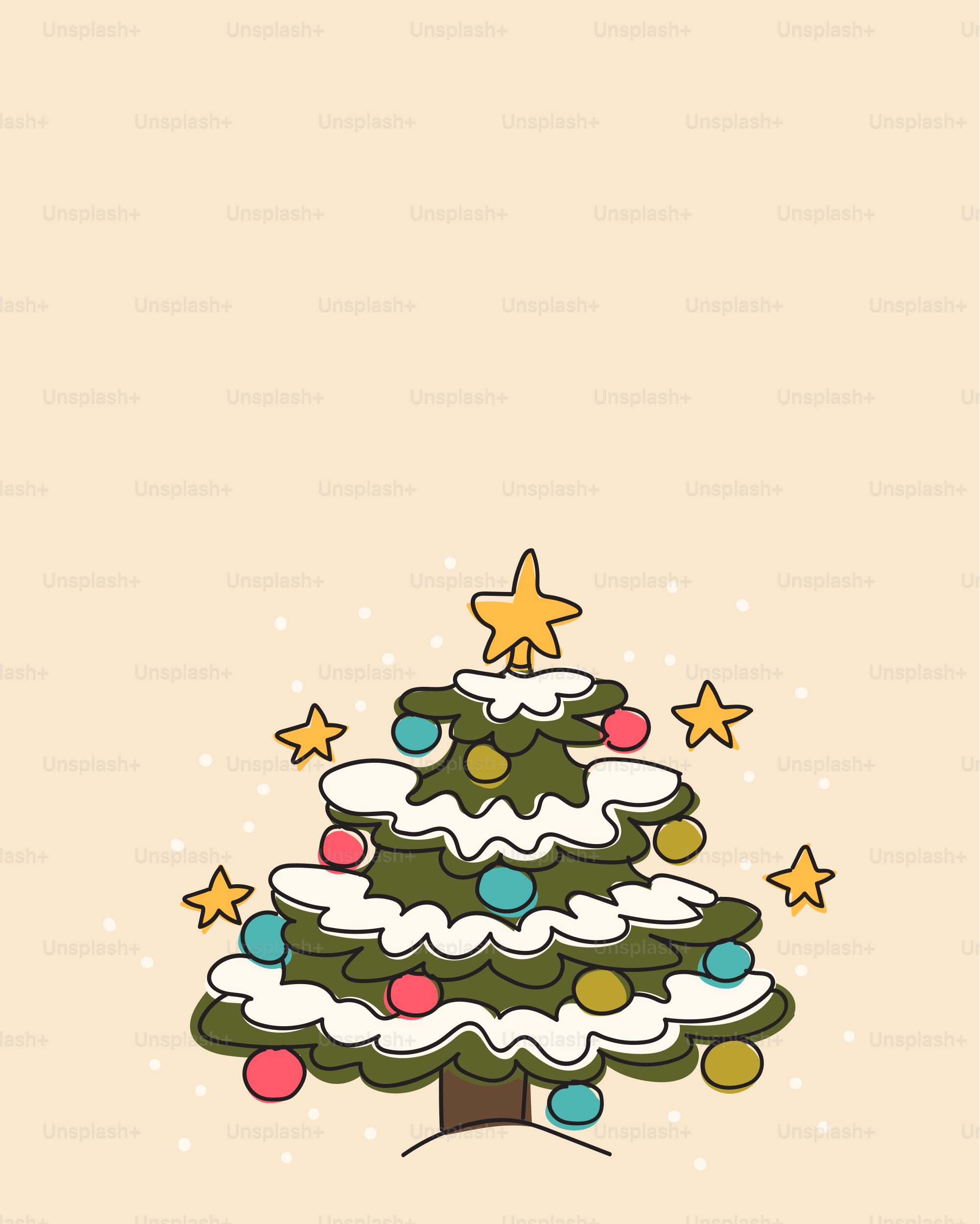 ベージュの背景にカラフルな飾りと金色の星が飾られた雪に覆われたクリスマスツリーのイラスト