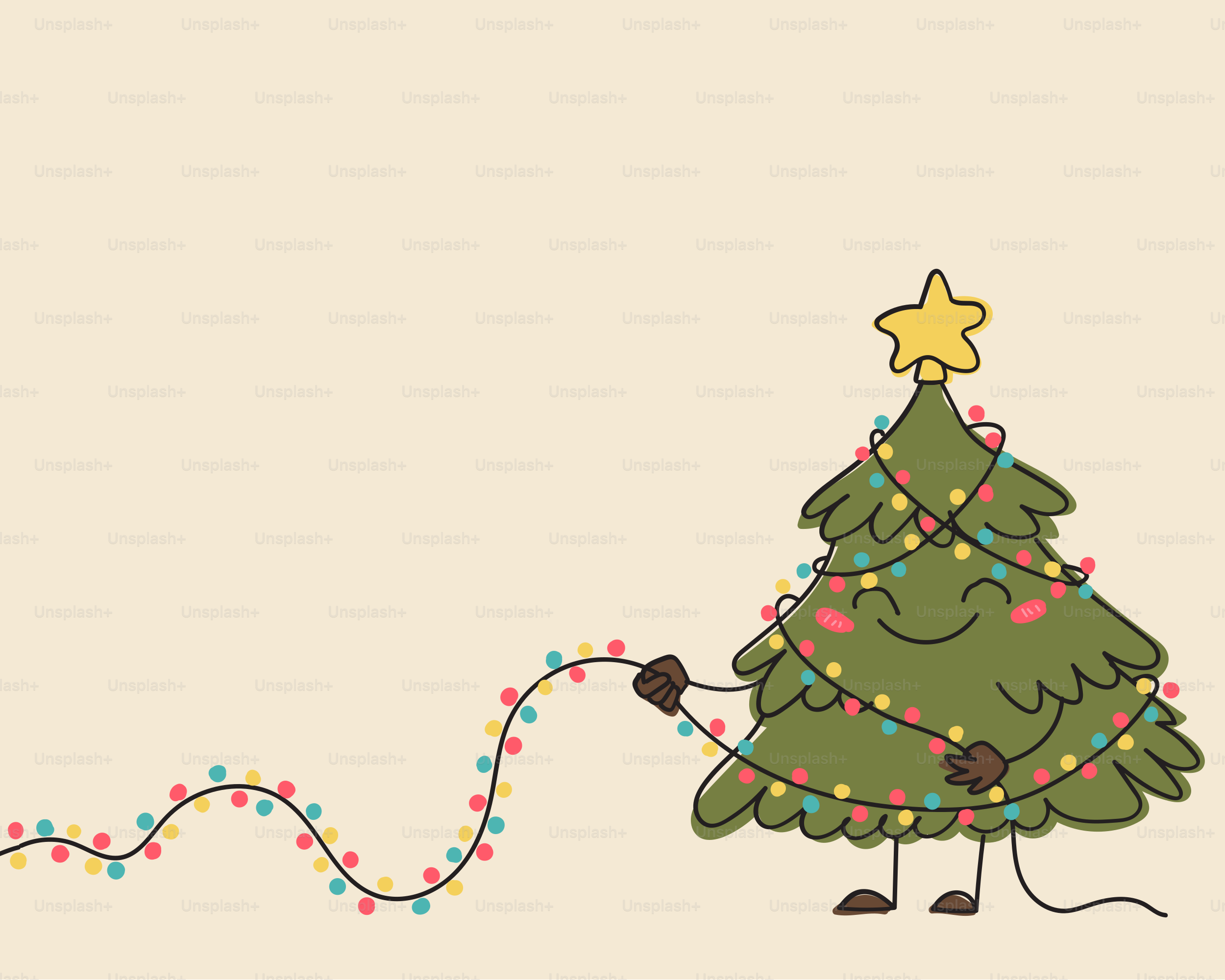 Un sapin de Noël de dessin animé avec un visage tenant des guirlandes lumineuses colorées sur un fond beige