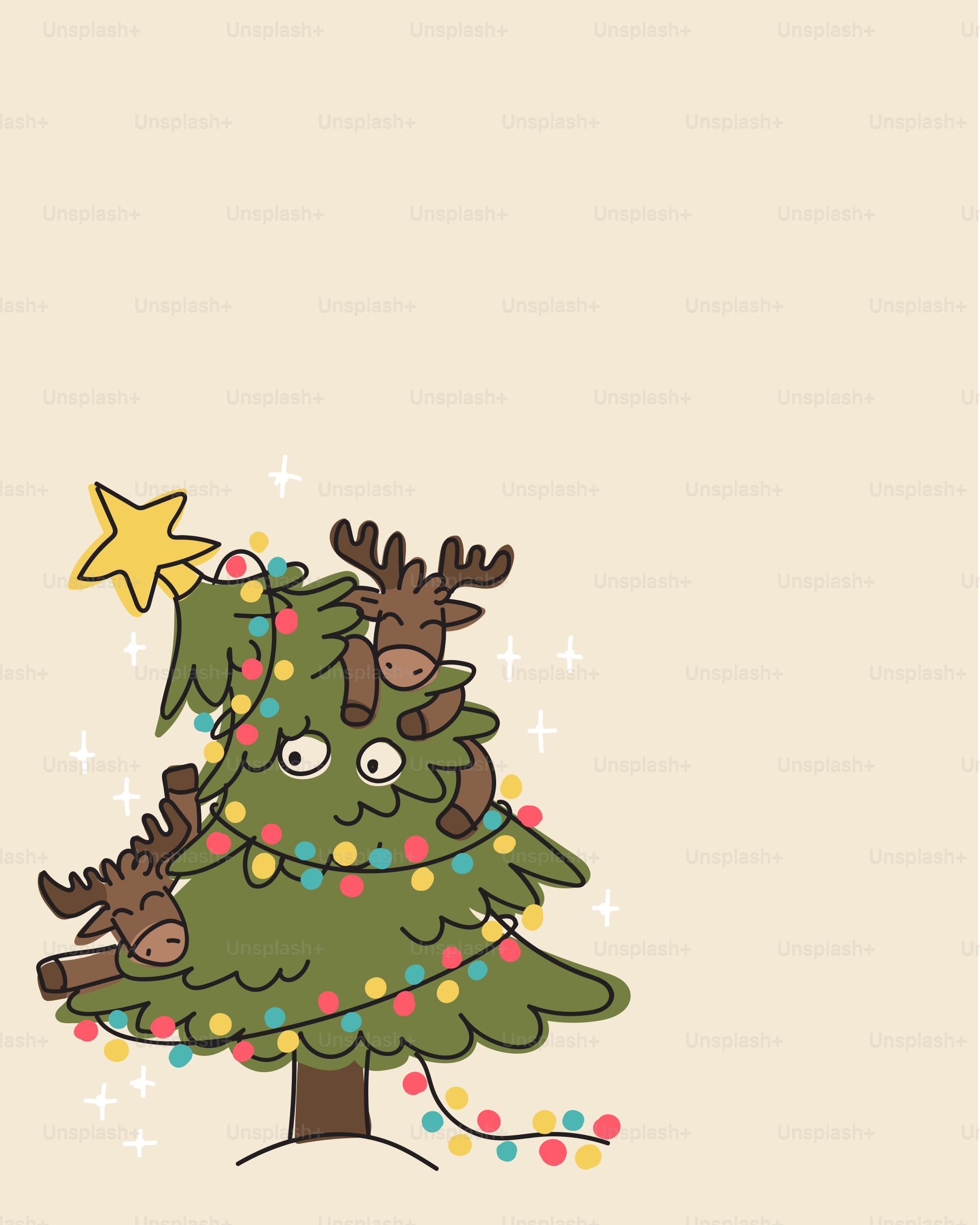 Un sapin de Noël de dessin animé avec des lumières colorées et deux rennes sur fond beige