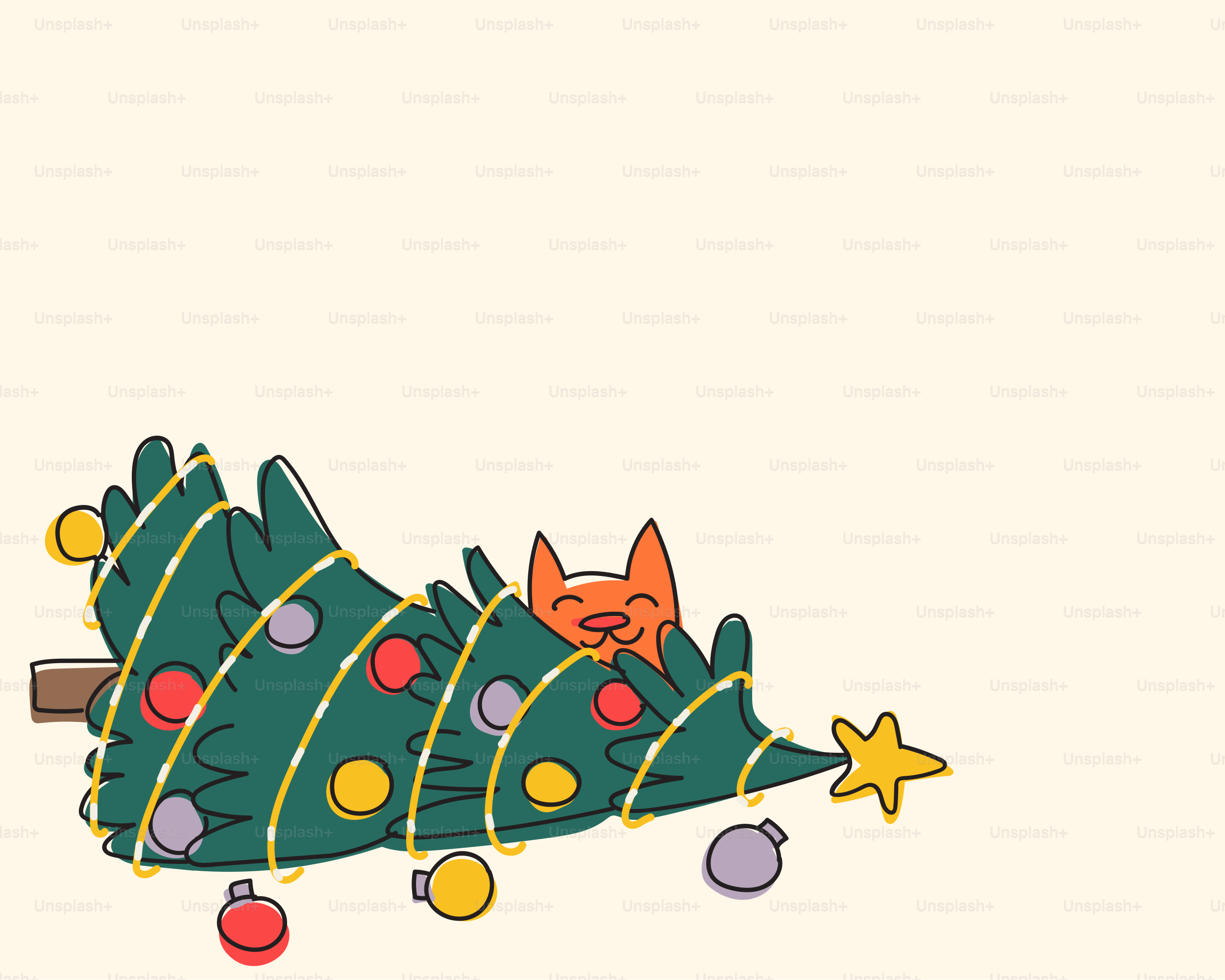 クリーム色の背景にオレンジ色の猫が顔をのぞかせる飾り付けられたクリスマスツリーのイラスト