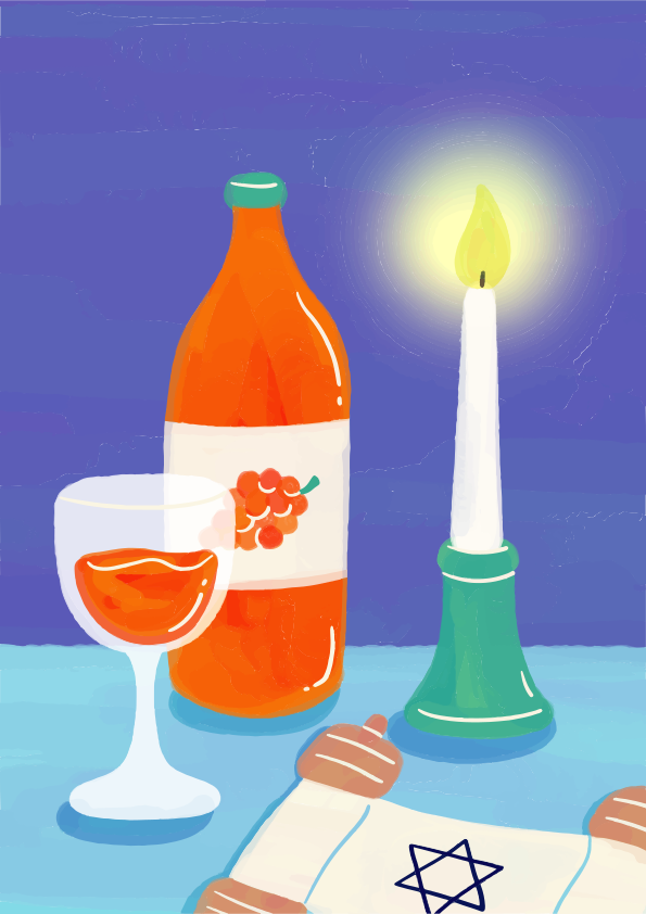 A bottle of grape juice, a glass, and a lit candle on a table