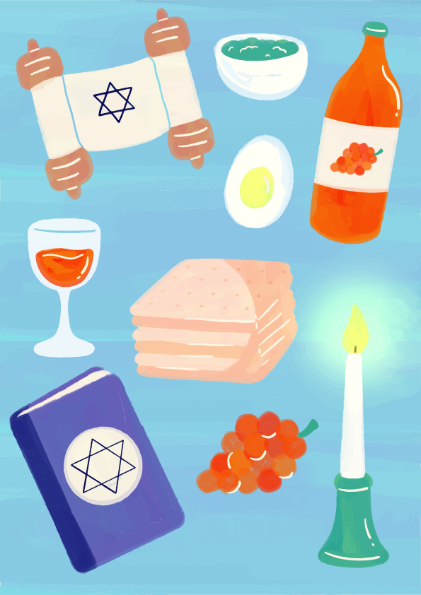 A Torah scroll, matzah, wine, a candle, and other Passover symbols on blue