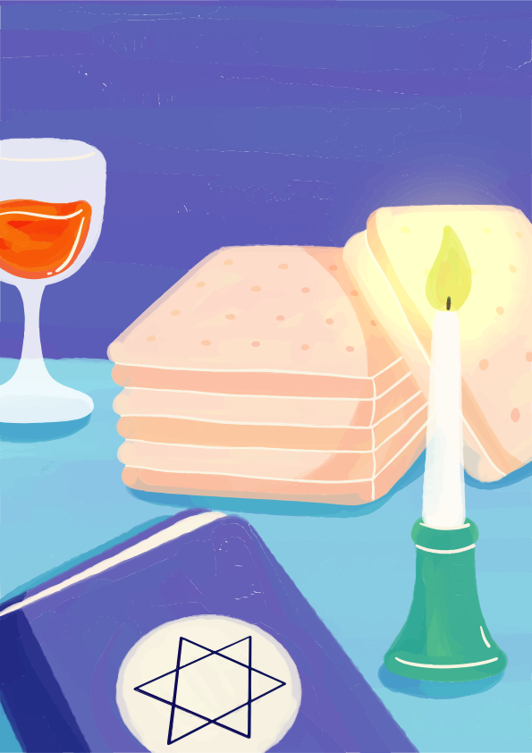 A stack of matzah, a wine glass, and a lit candle beside a book