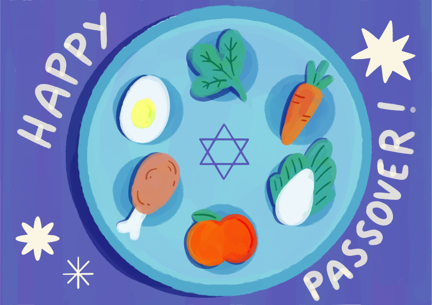 A seder plate with an egg, carrot, greens, chicken, and fruit on blue