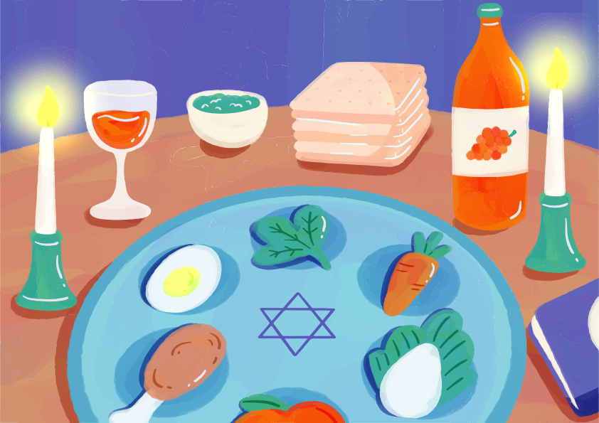 A Passover Seder plate with symbolic foods, matzah, wine, and lit candles