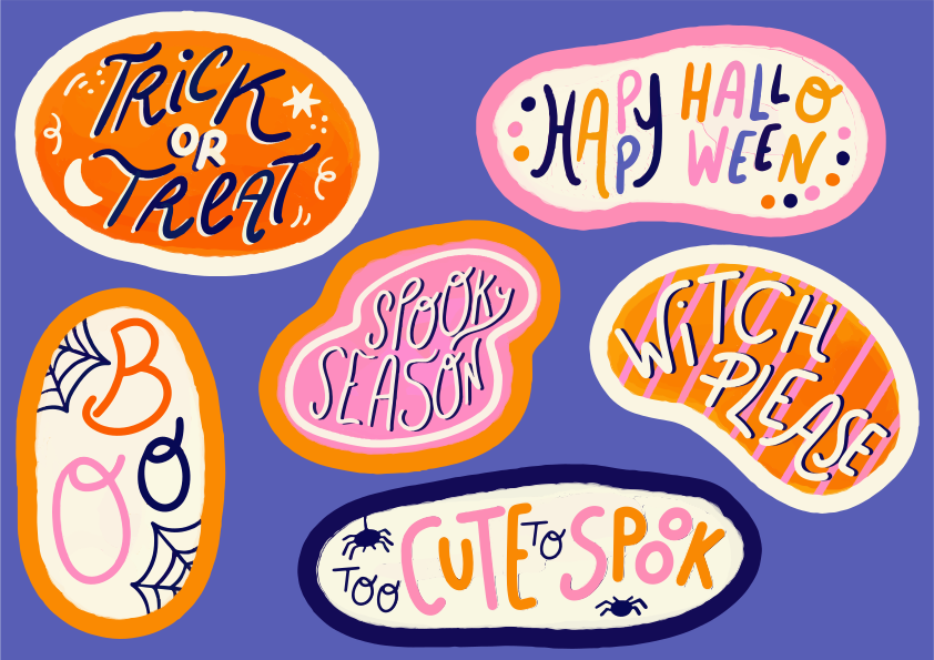 Six colorful Halloween stickers with hand-lettered text on a purple background