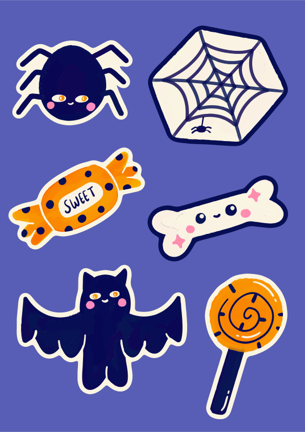 A spider, web, candy, bone, bat, and lollipop stickers on a purple background