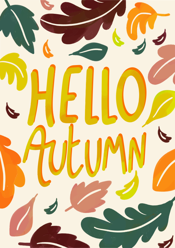 The text Hello Autumn surrounded by colorful falling leaves on a cream background